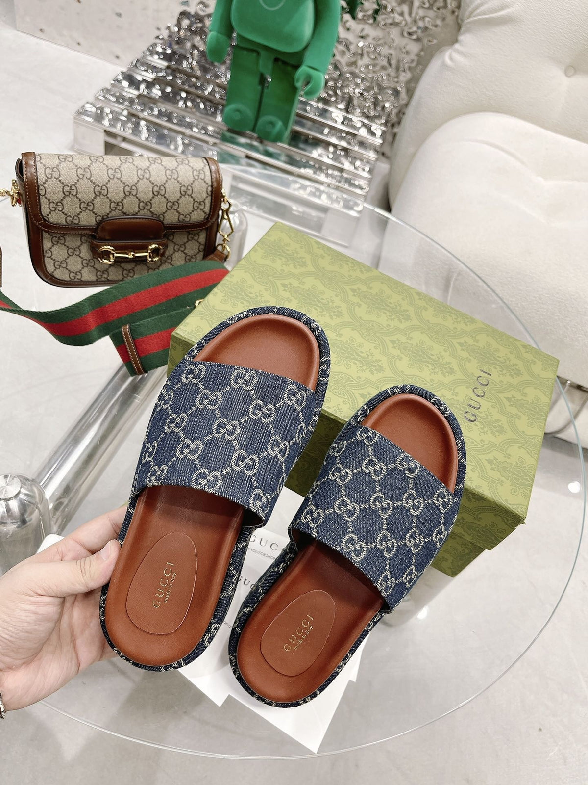 Gucci Green Canvas & Leather Double G Slides