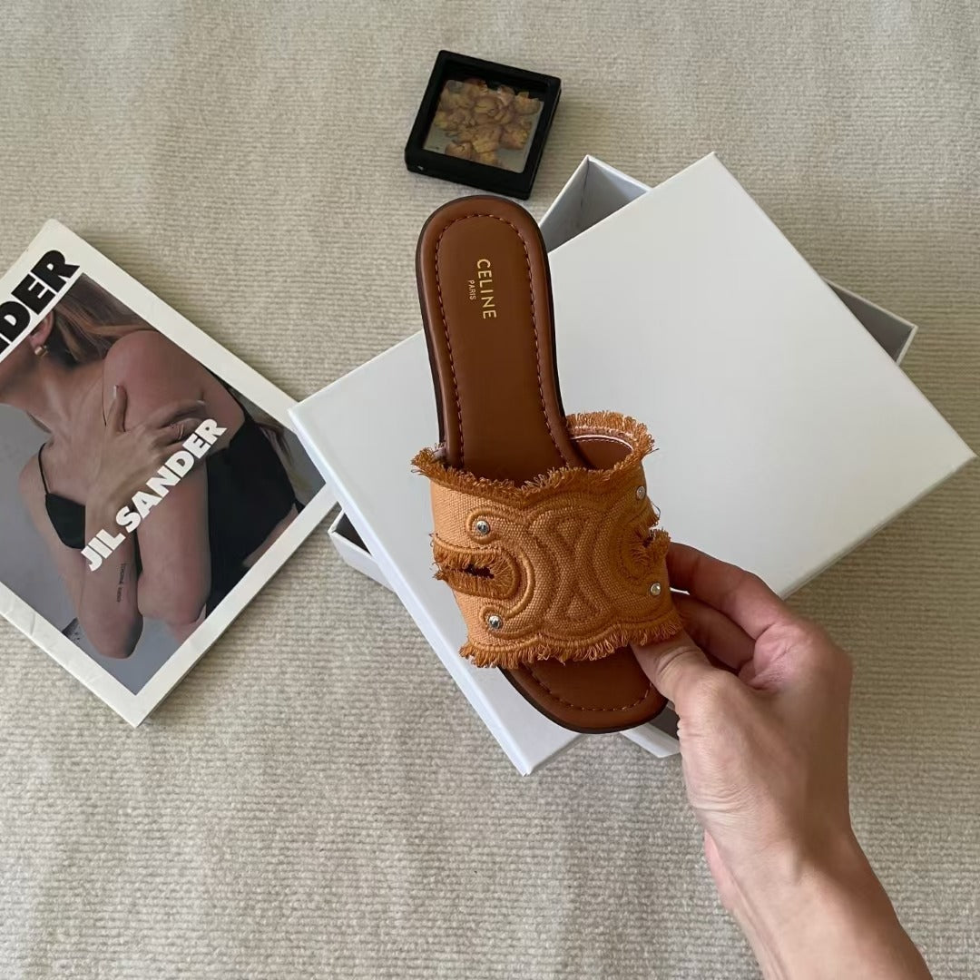 Celine Denim & Leather Tassel Slides