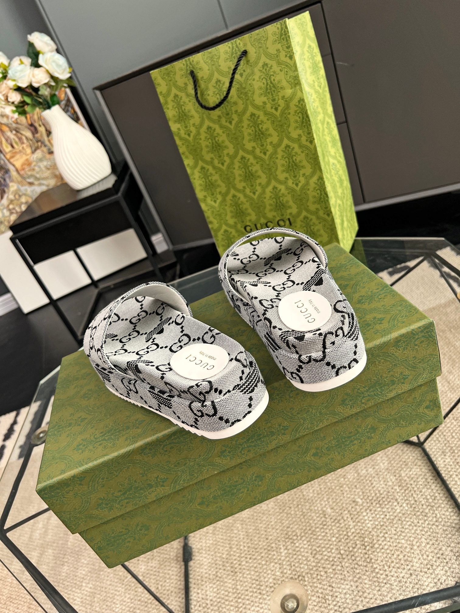 Gucci Green Canvas & Leather Double G Slides