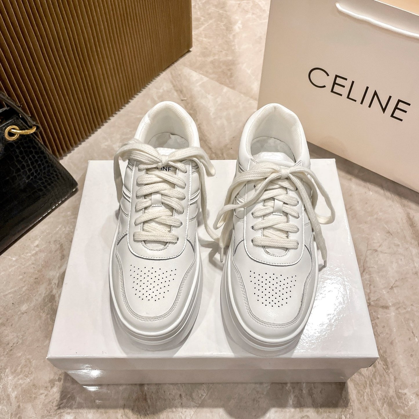Celine Leather Vintage-Finish Sneakers