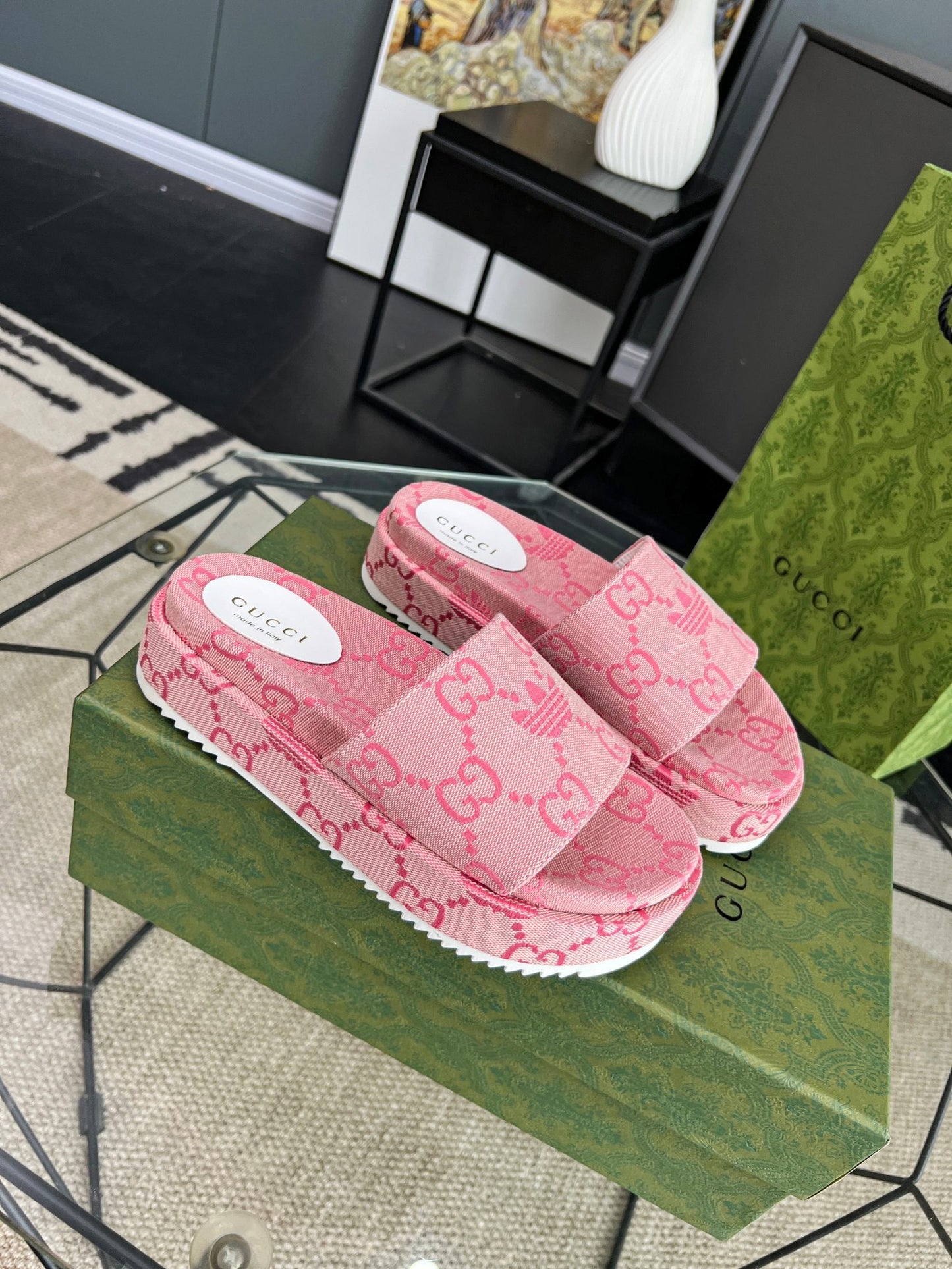 Gucci Green Canvas & Leather Double G Slides