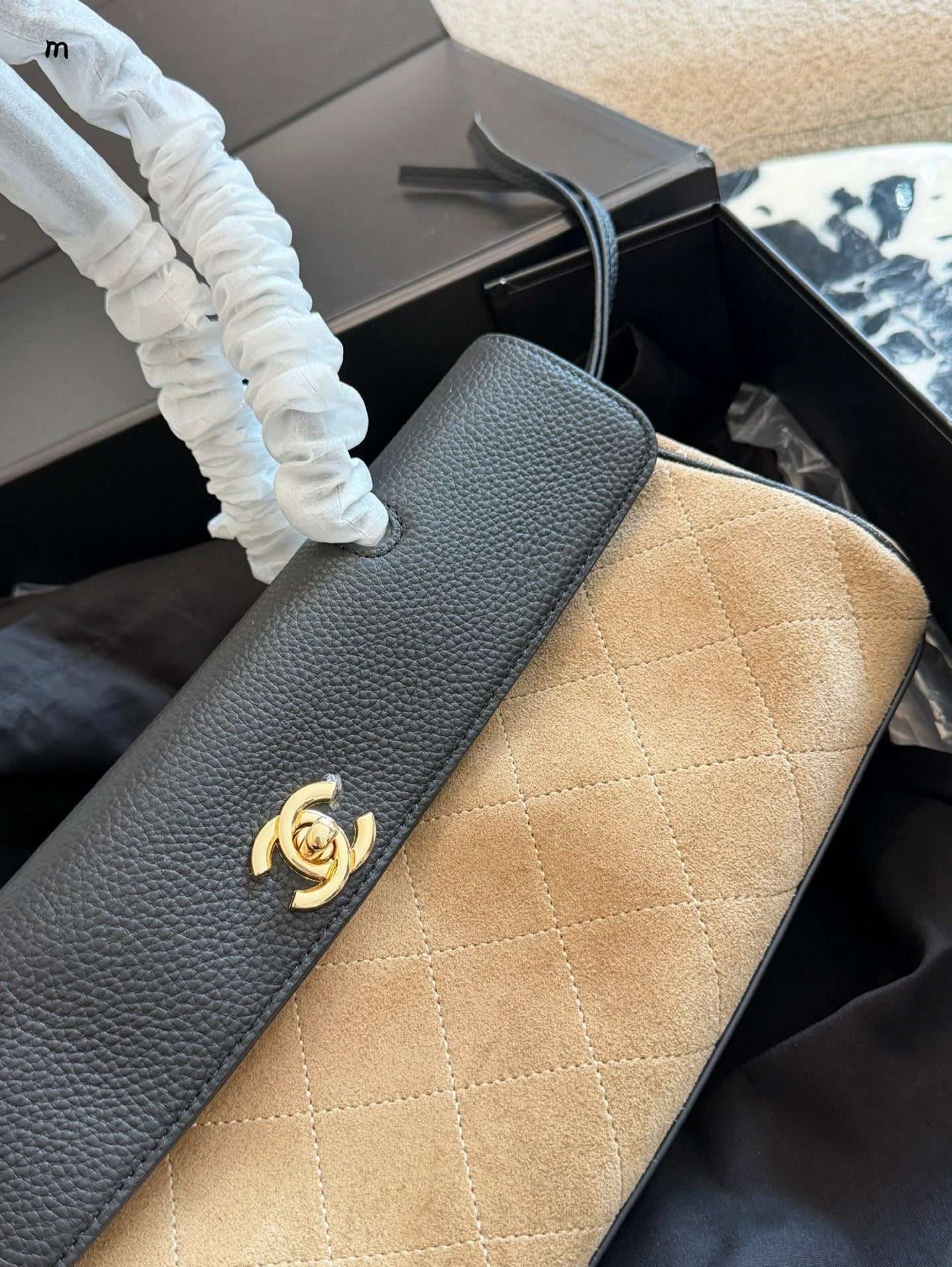 Chanel Black Suede & Leather Colorblock Handbag