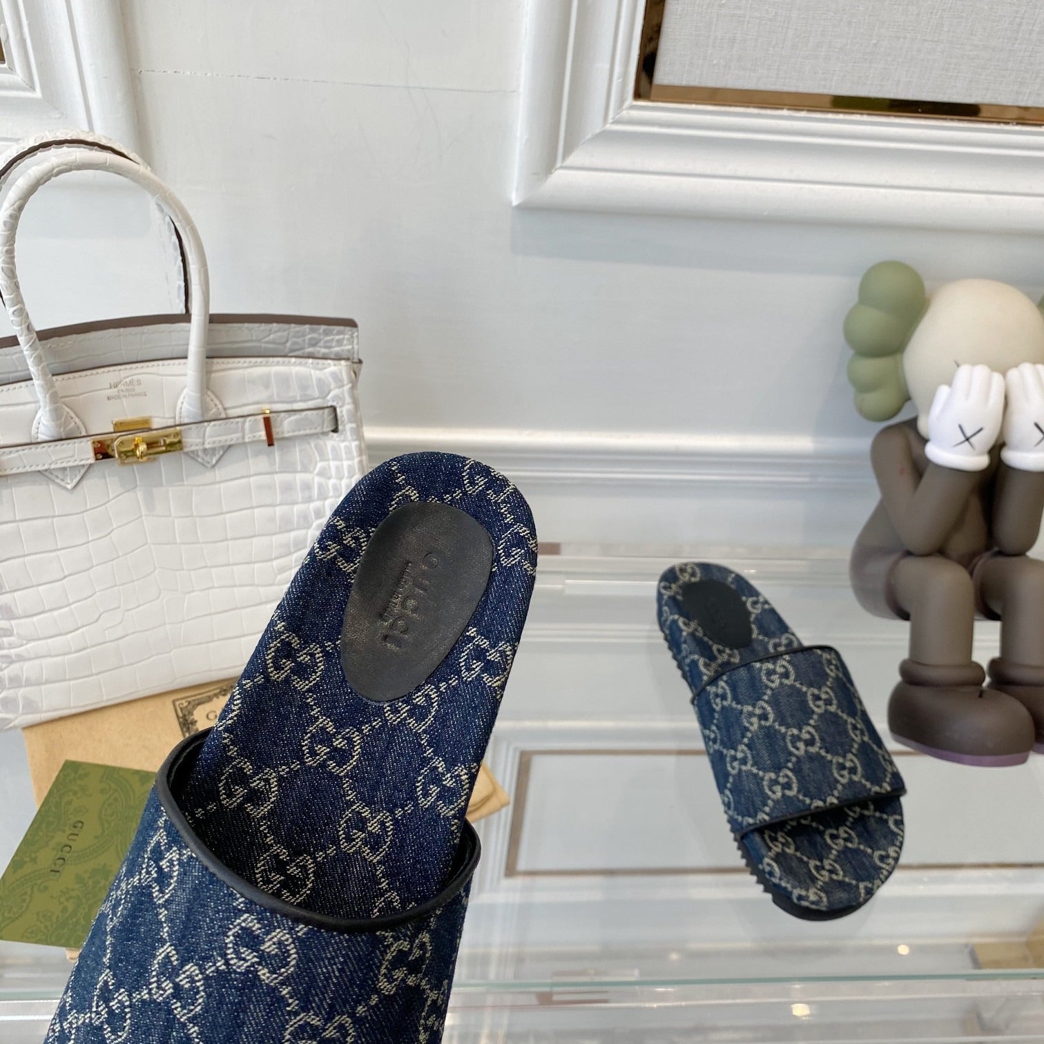 Gucci Green Canvas & Leather Double G Slides