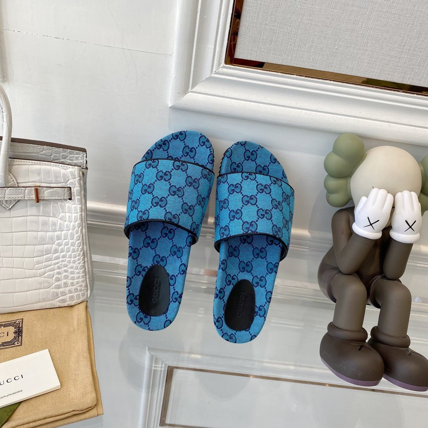 Gucci Green Canvas & Leather Double G Slides