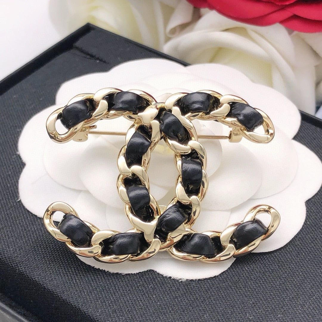 Chanel Black Lambskin Leather & Brass Brooch
