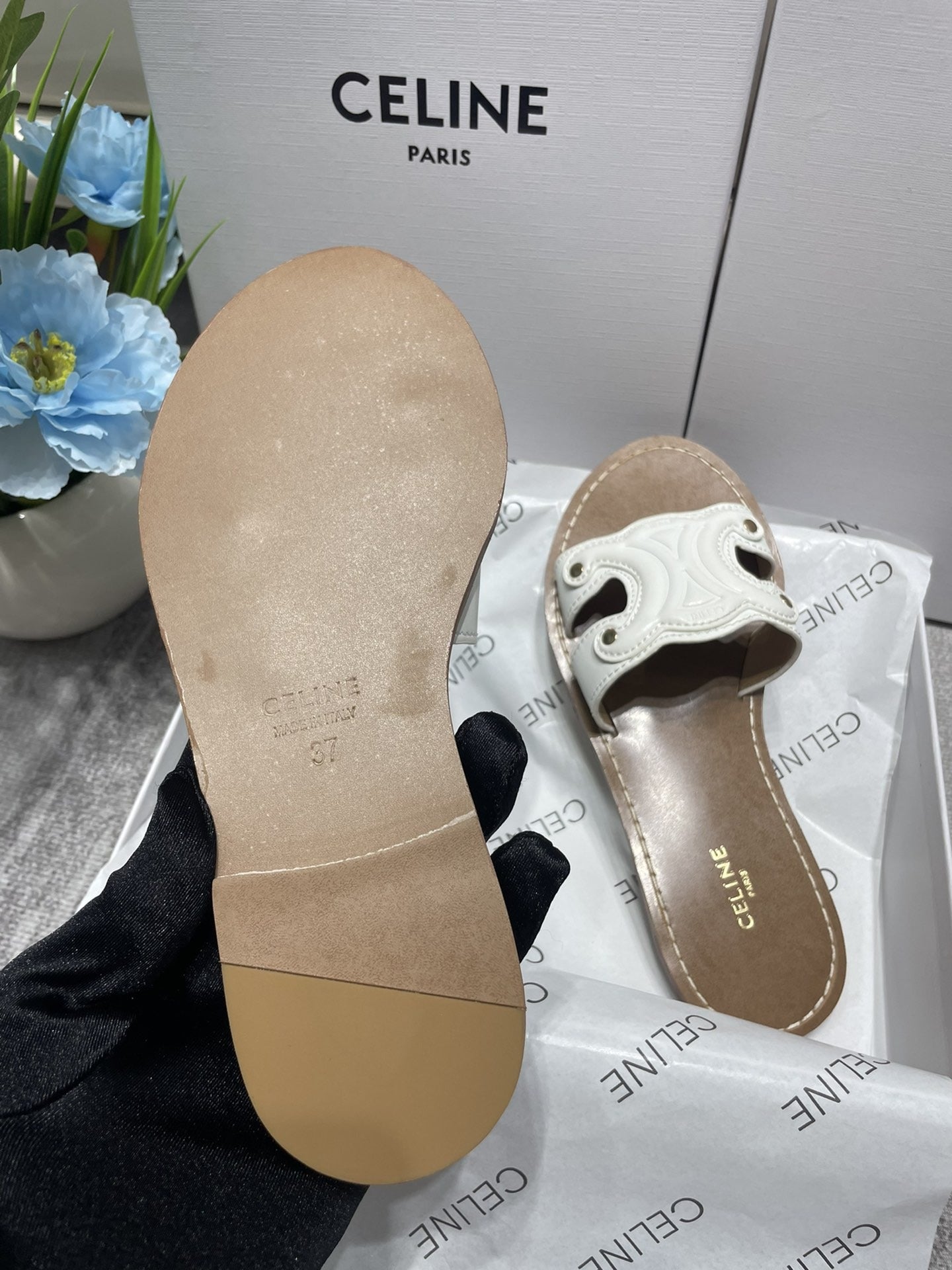 Celine Denim & Leather Tassel Slides