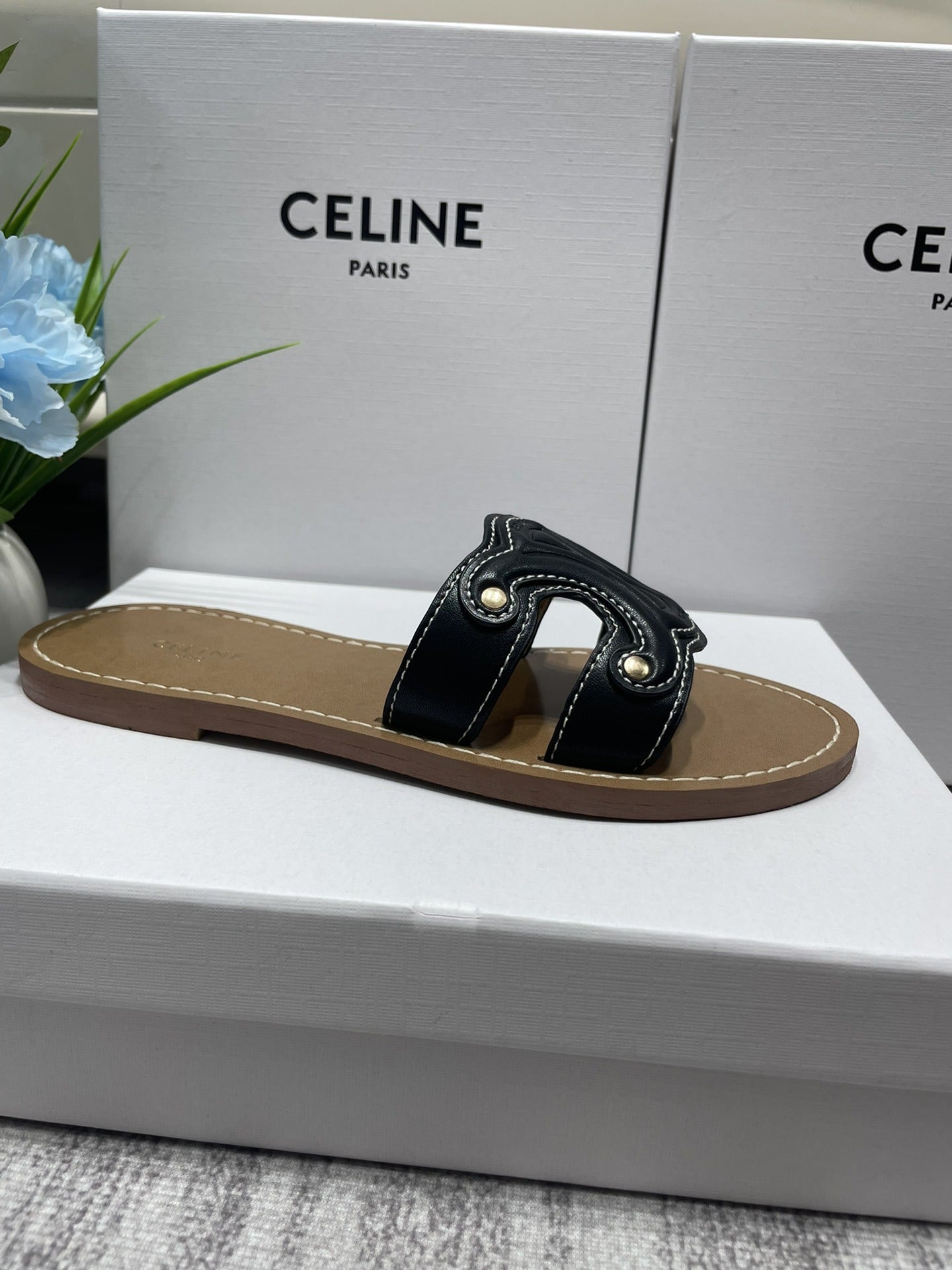 Celine Denim & Leather Tassel Slides