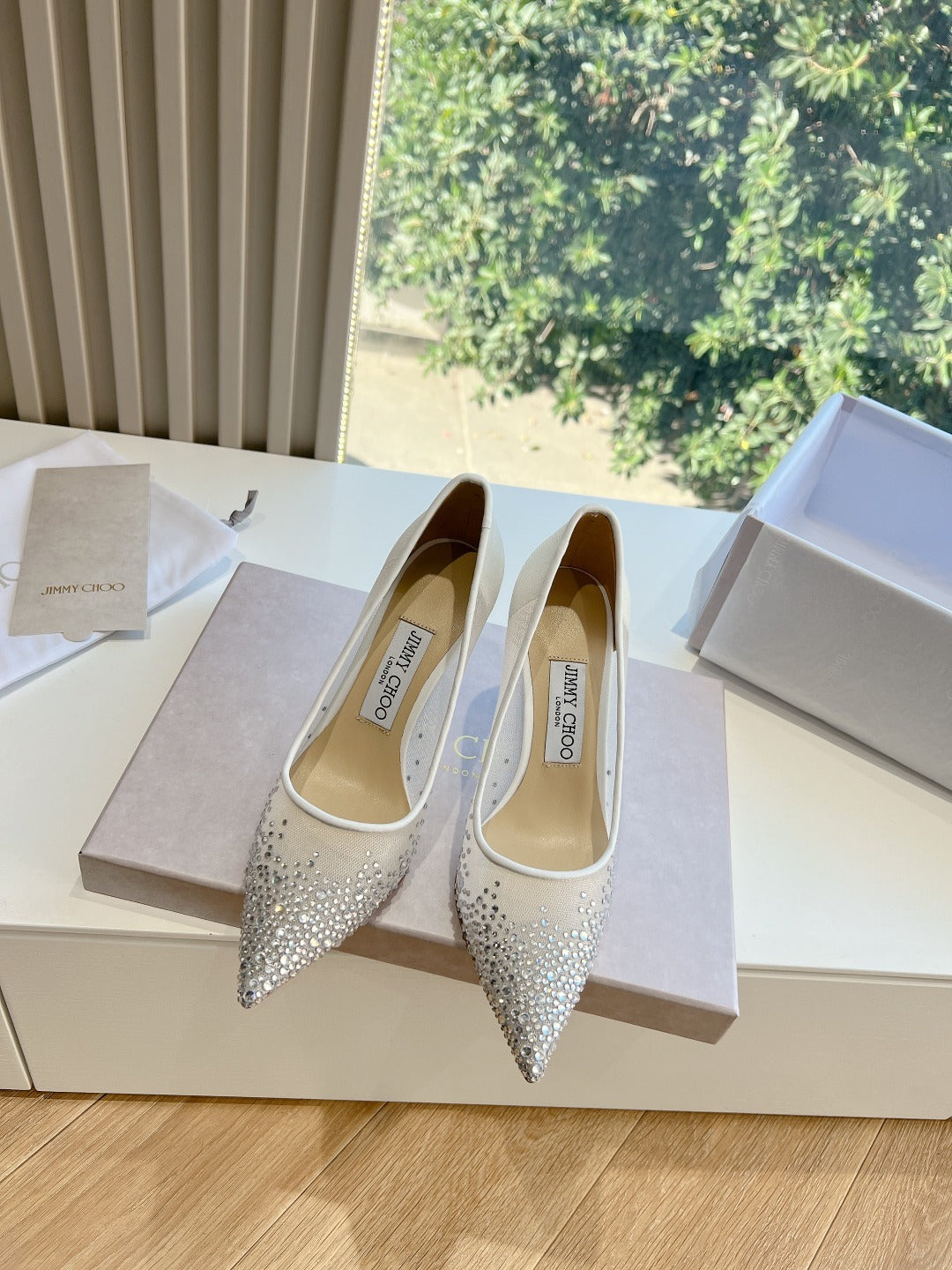 Jimmy Choo Lambskin Leather Crystal Heels