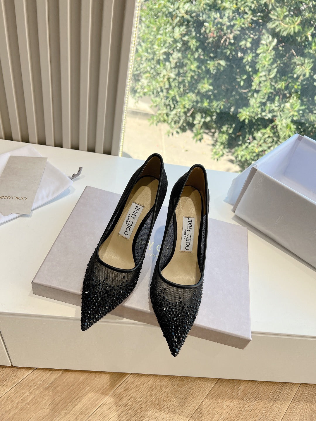 Jimmy Choo Lambskin Leather Crystal Heels