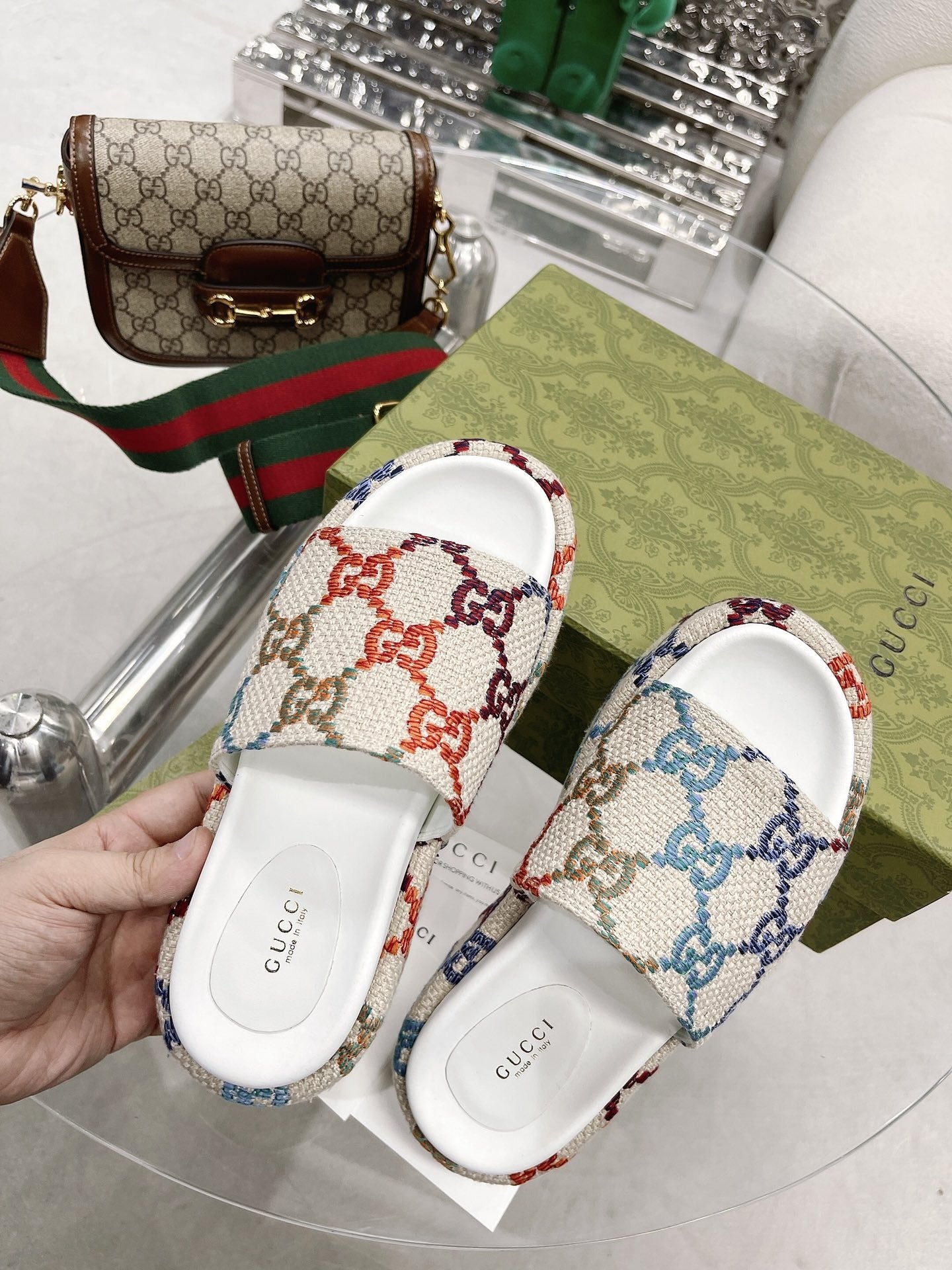 Gucci Green Canvas & Leather Double G Slides
