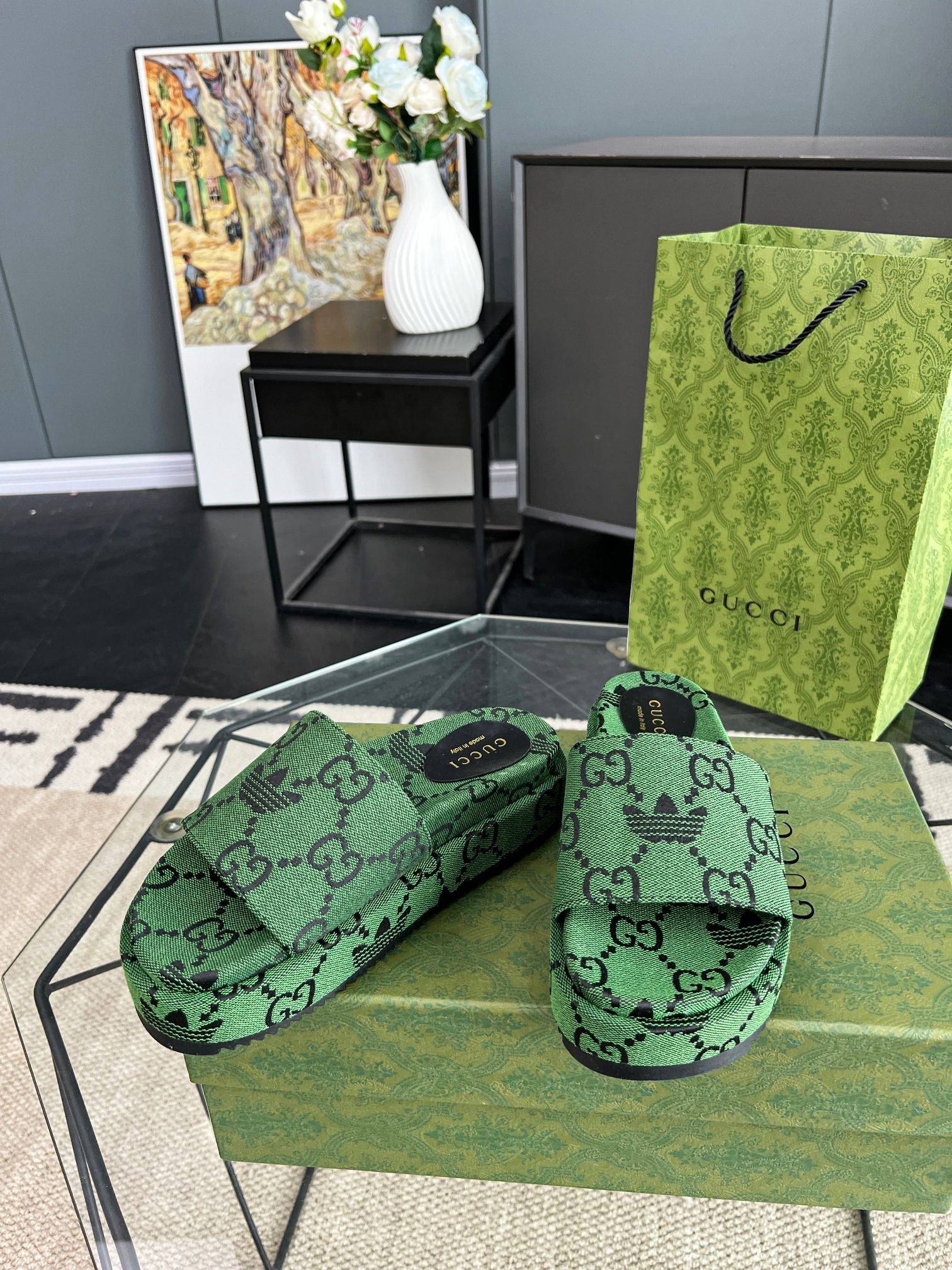 Gucci Green Canvas & Leather Double G Slides