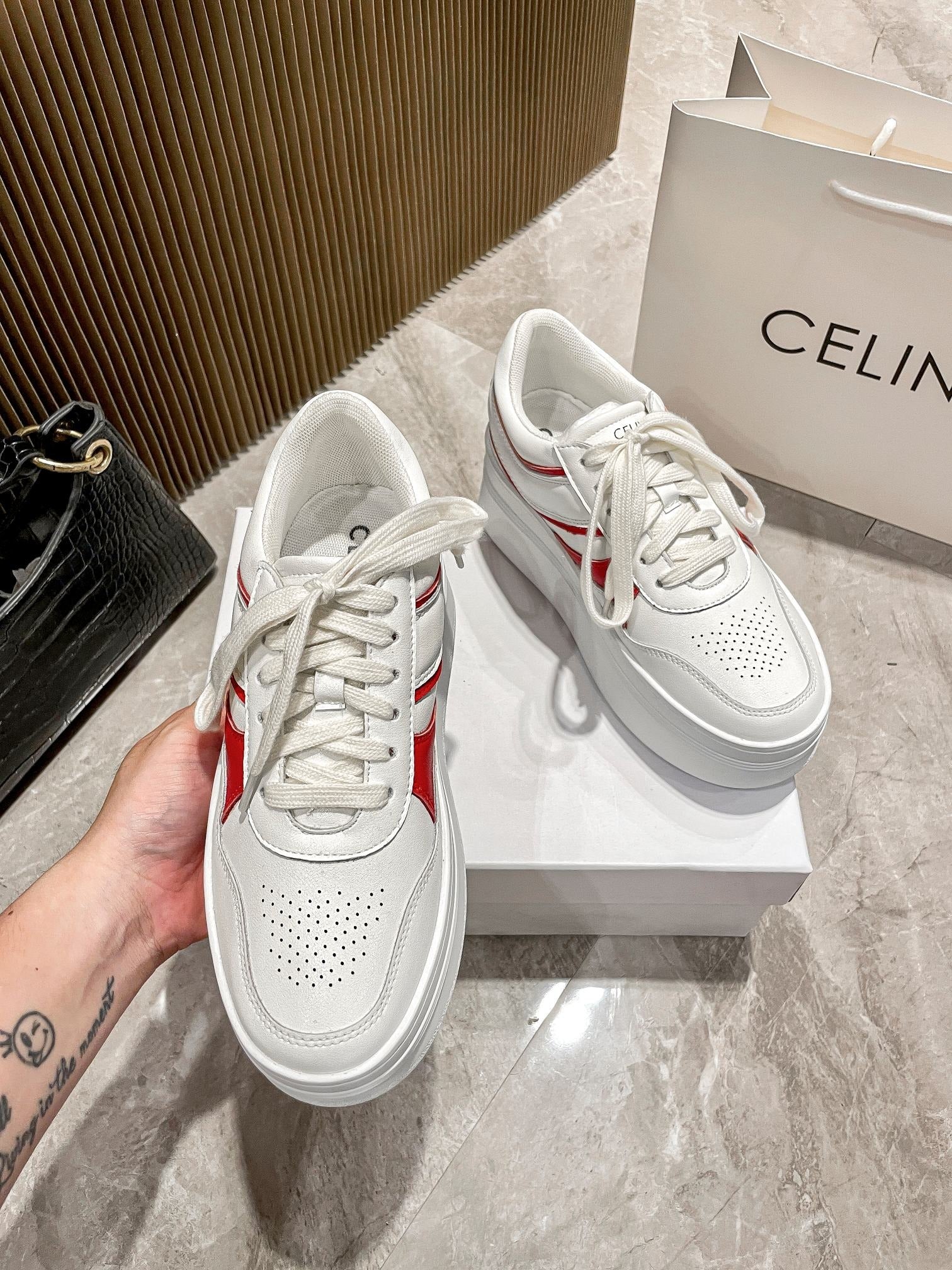 Celine Leather Vintage-Finish Sneakers