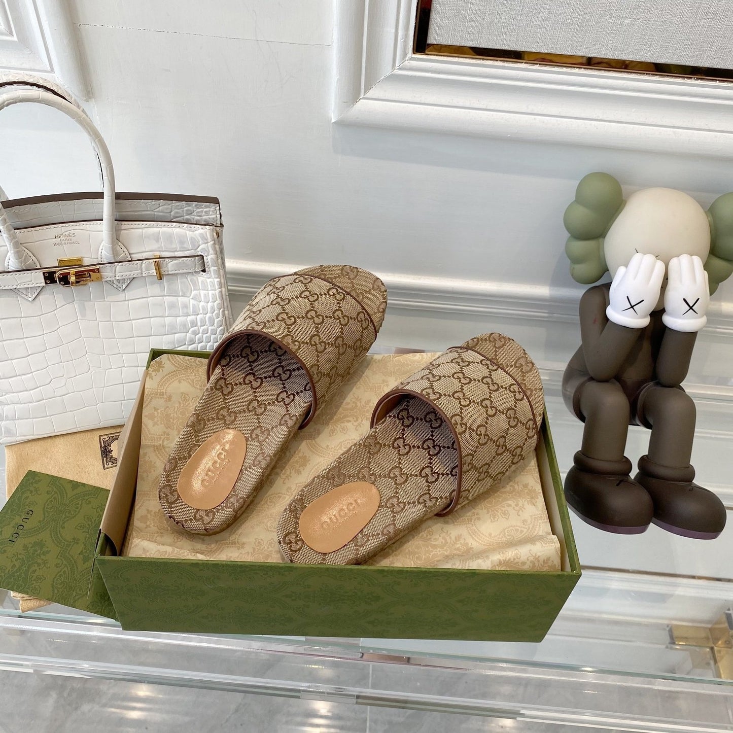 Gucci Green Canvas & Leather Double G Slides