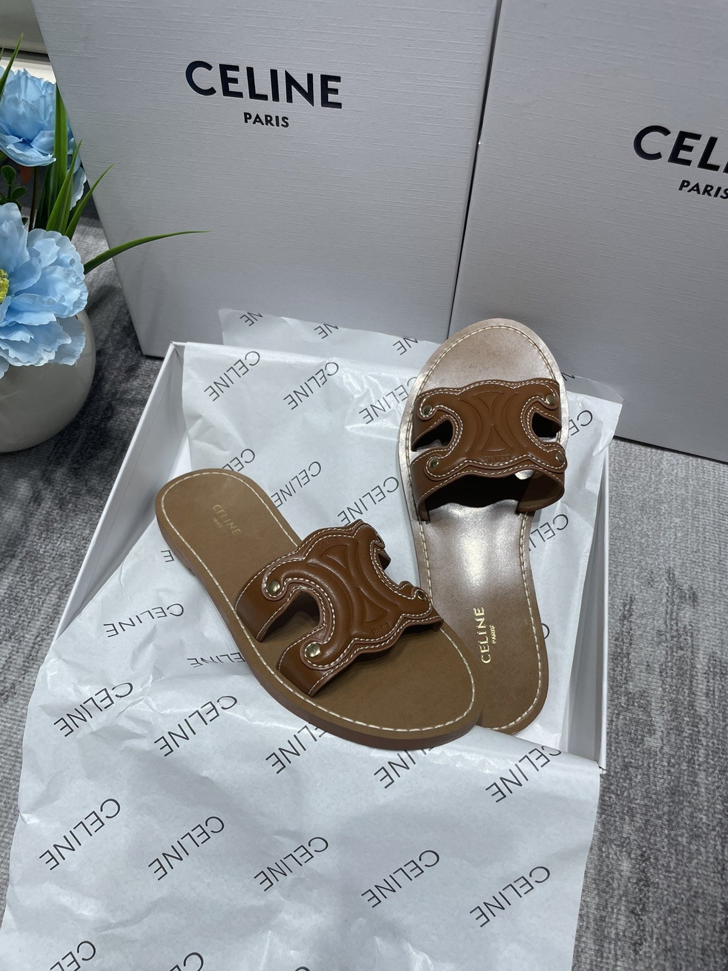 Celine Denim & Leather Tassel Slides