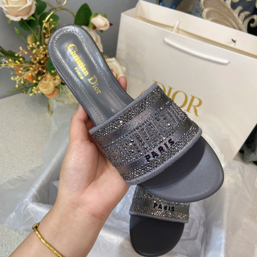 Dior Cotton & Lambskin Leather Crystal Slides