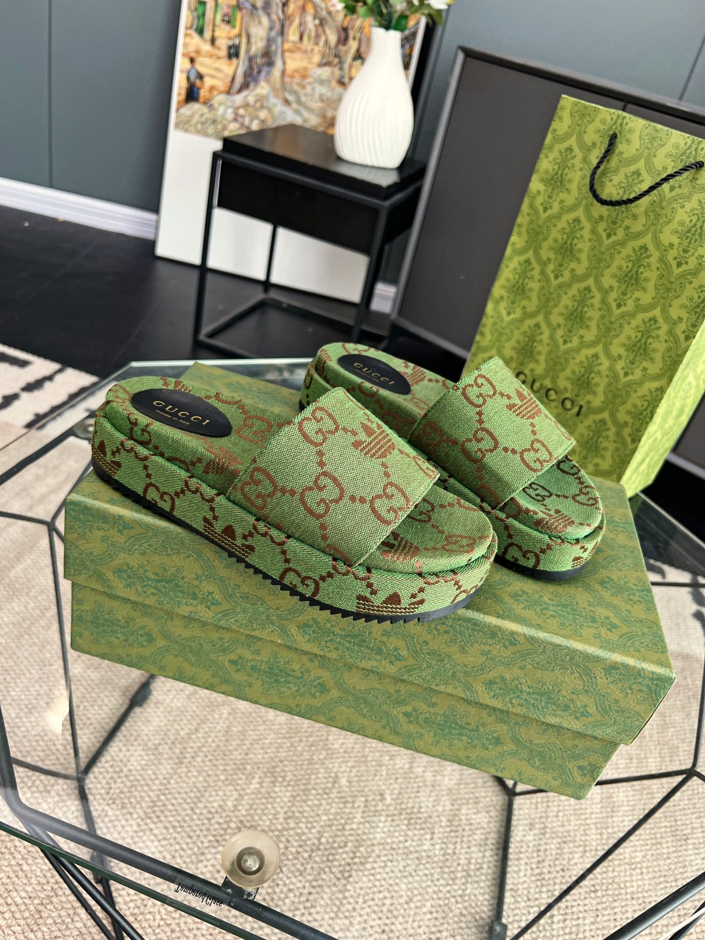 Gucci Green Canvas & Leather Double G Slides