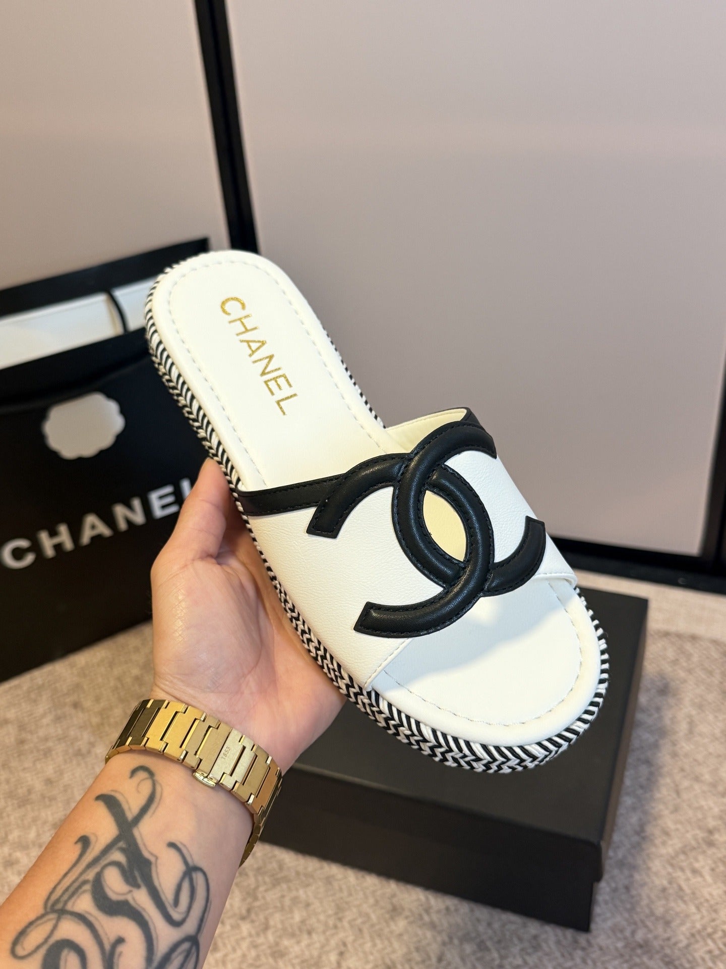 Chanel Lambskin Leather Logo Slides
