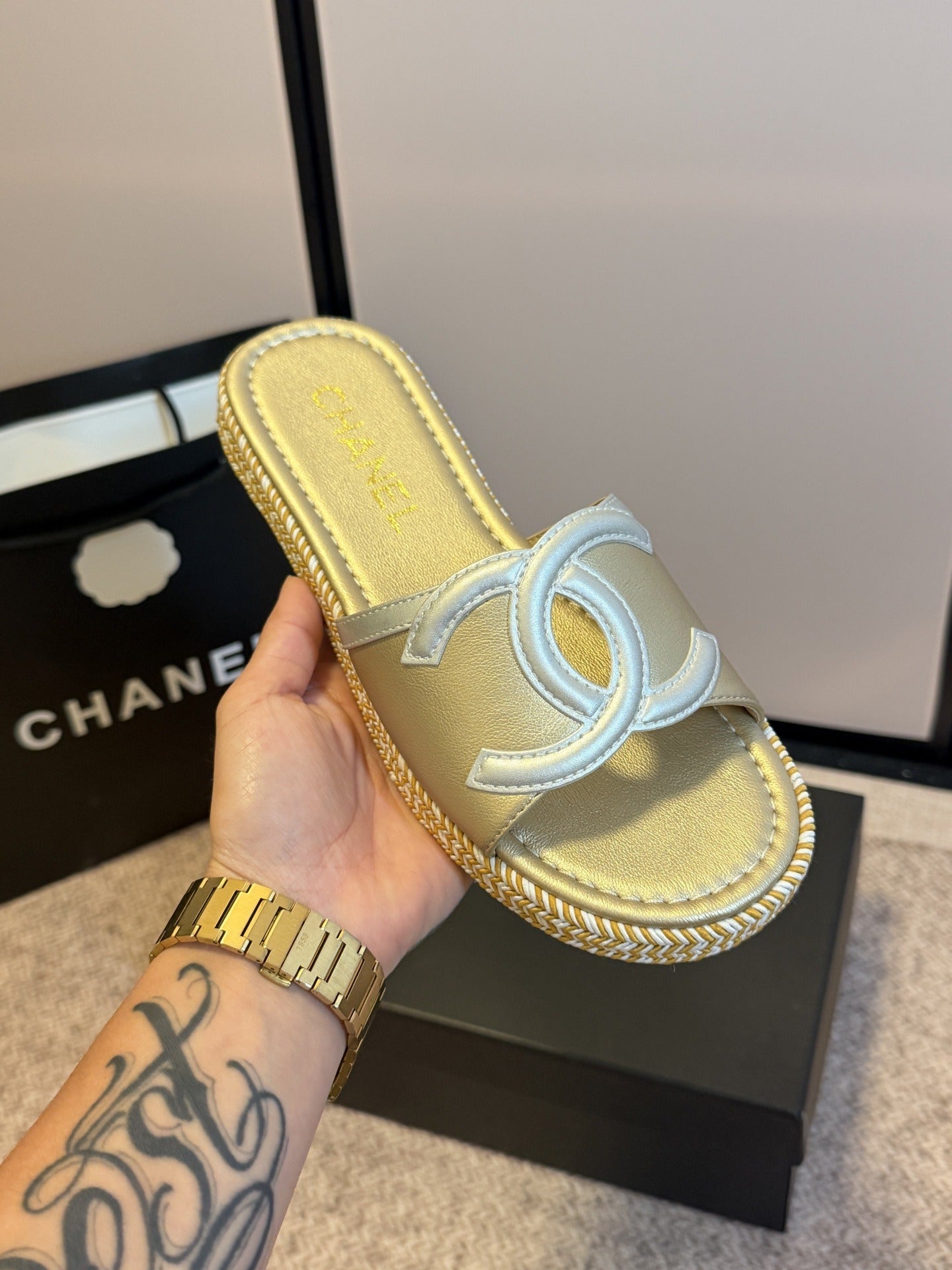 Chanel Lambskin Leather Logo Slides