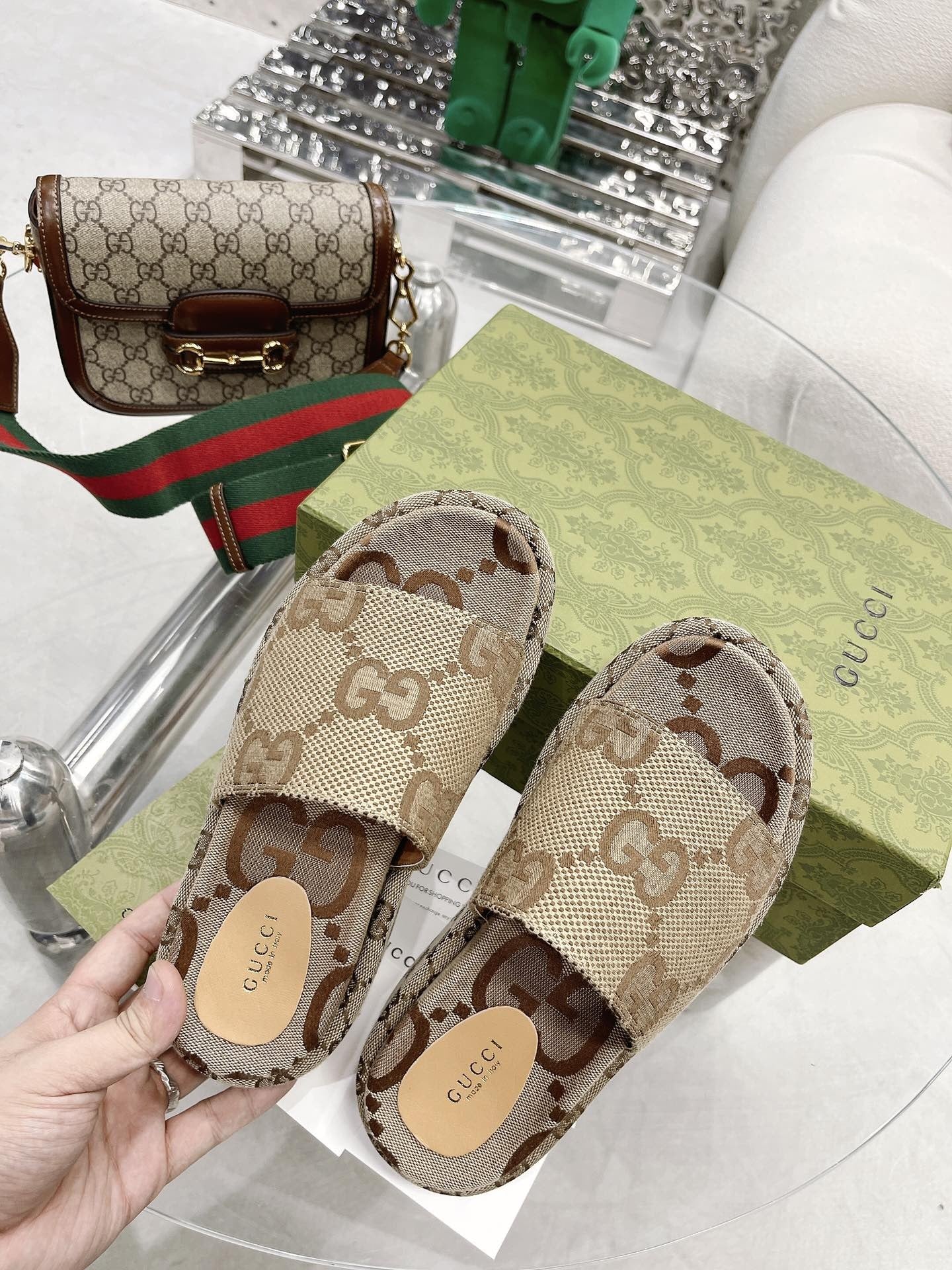 Gucci Green Canvas & Leather Double G Slides