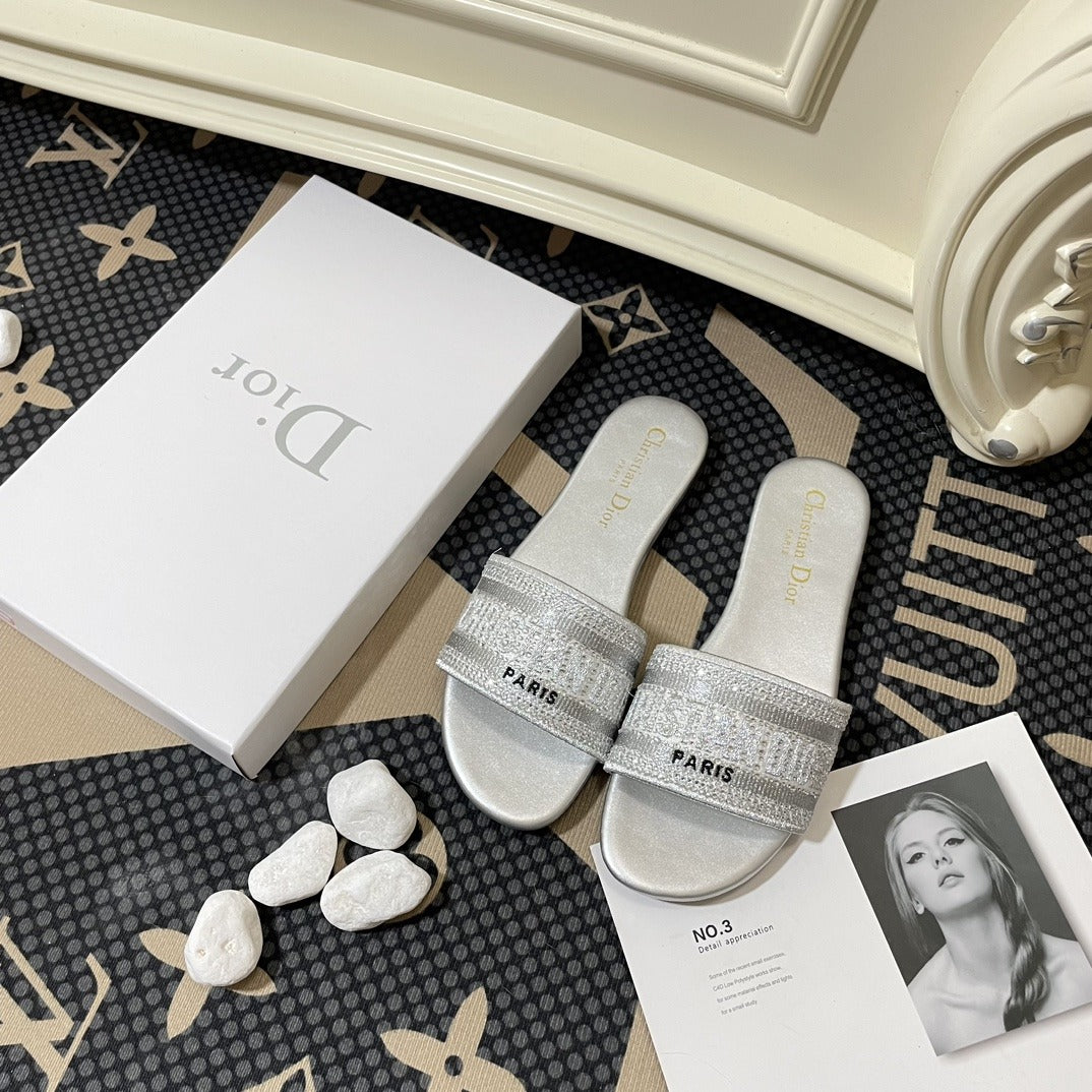 Dior Lambskin Leather Embroidered Slides