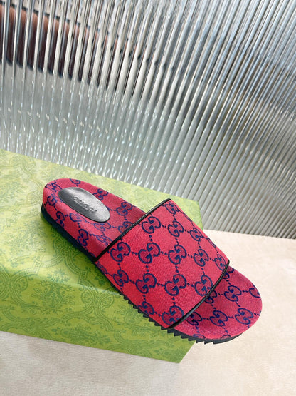 Gucci Green Canvas & Leather Double G Slides