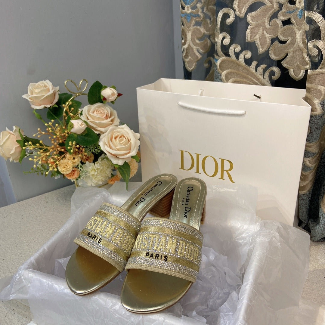 Dior Cotton & Lambskin Leather Crystal Slides