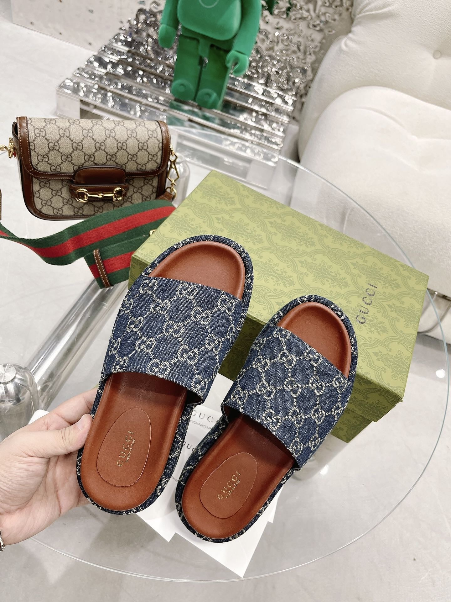 Gucci Green Canvas & Leather Double G Slides