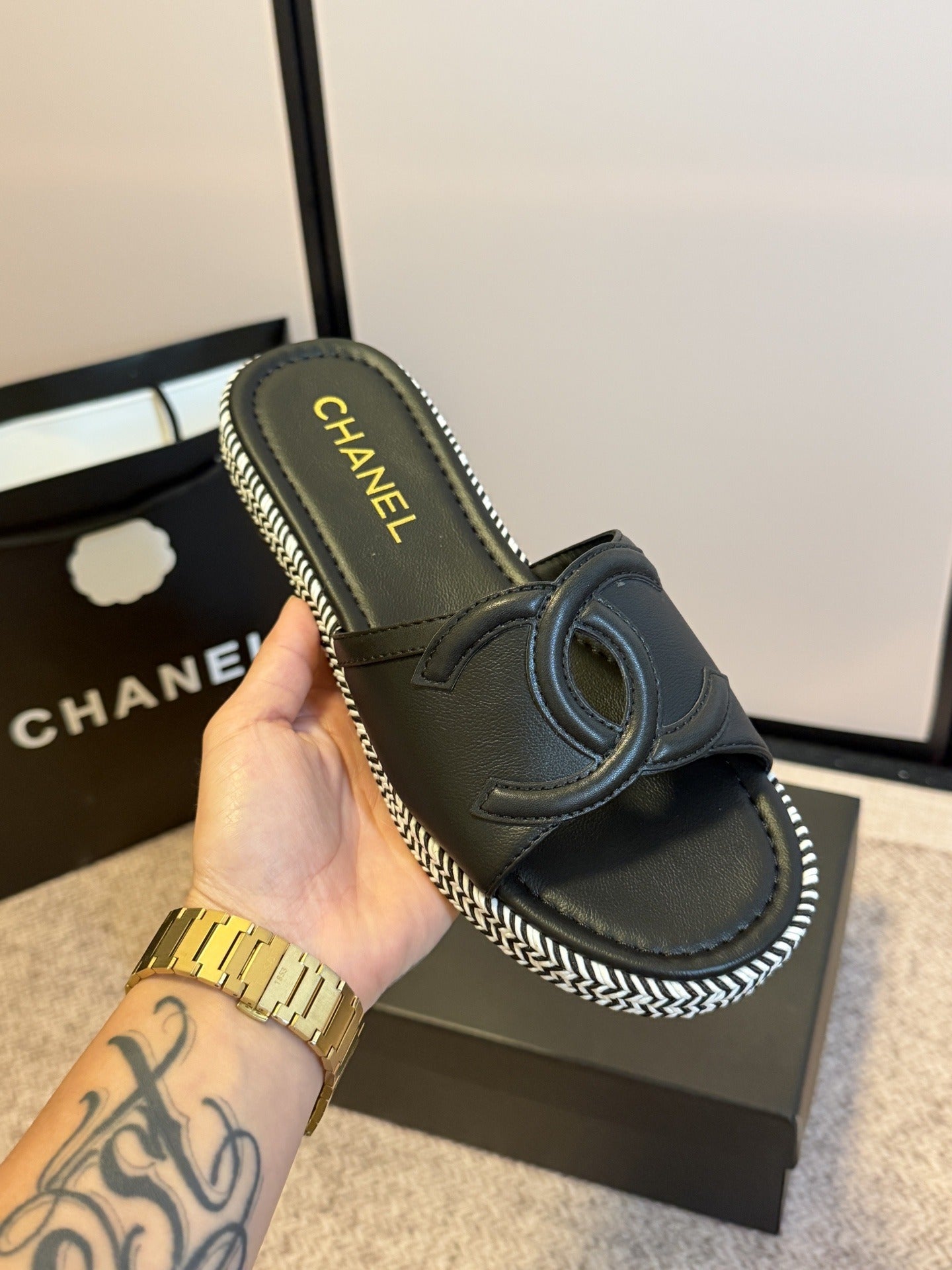 Chanel Lambskin Leather Logo Slides