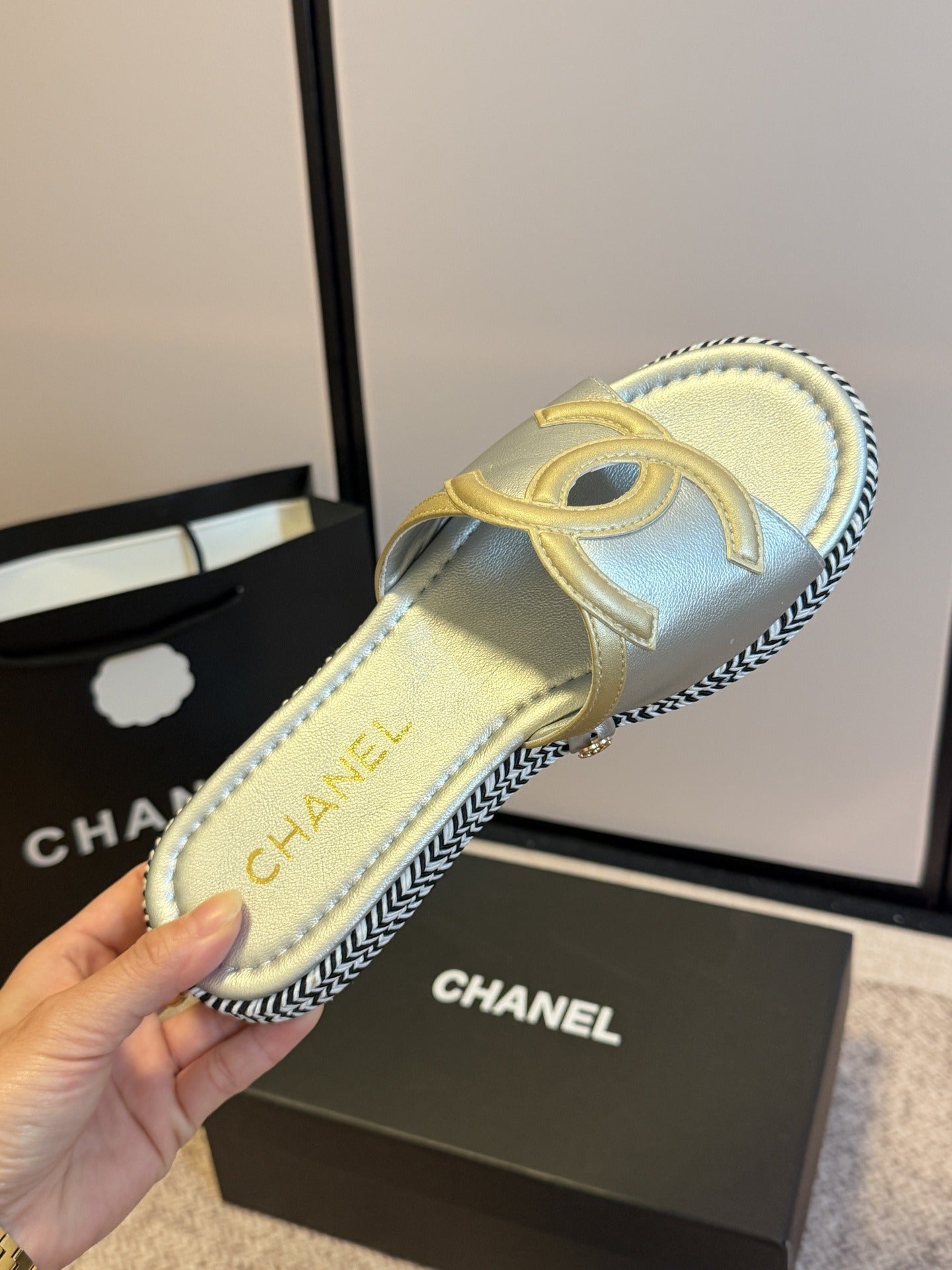 Chanel Lambskin Leather Logo Slides