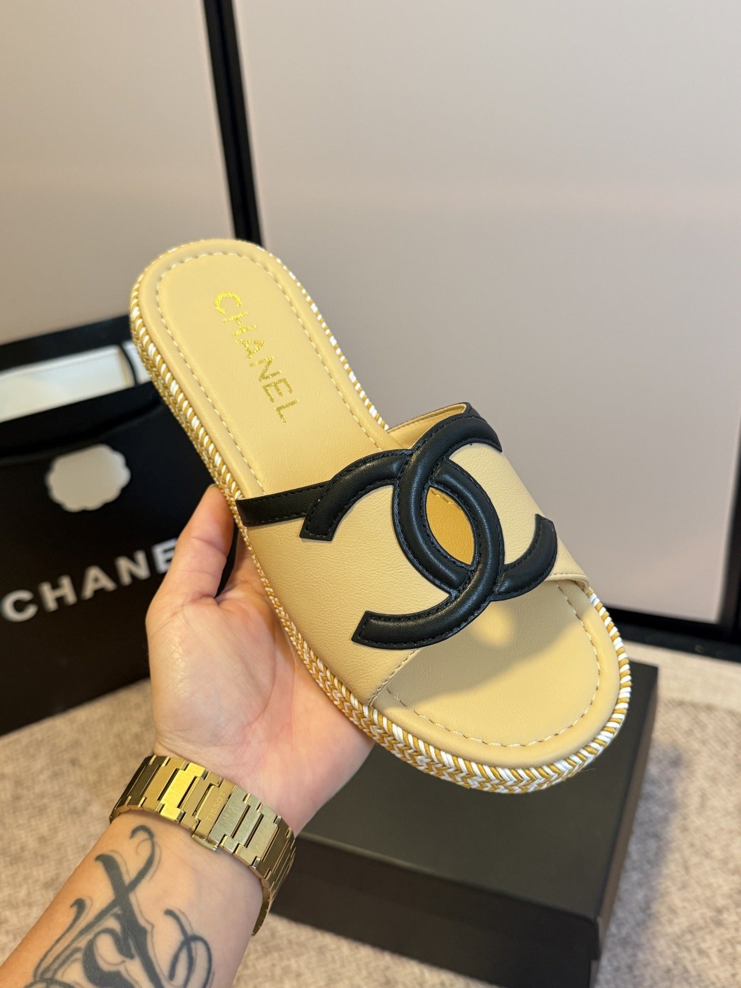Chanel Lambskin Leather Logo Slides