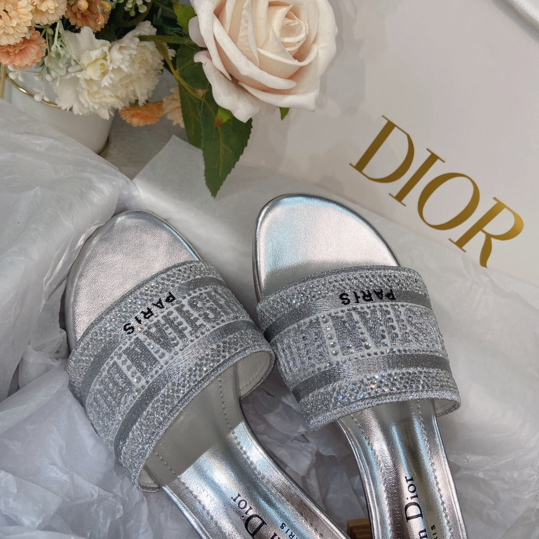 Dior Cotton & Lambskin Leather Crystal Slides