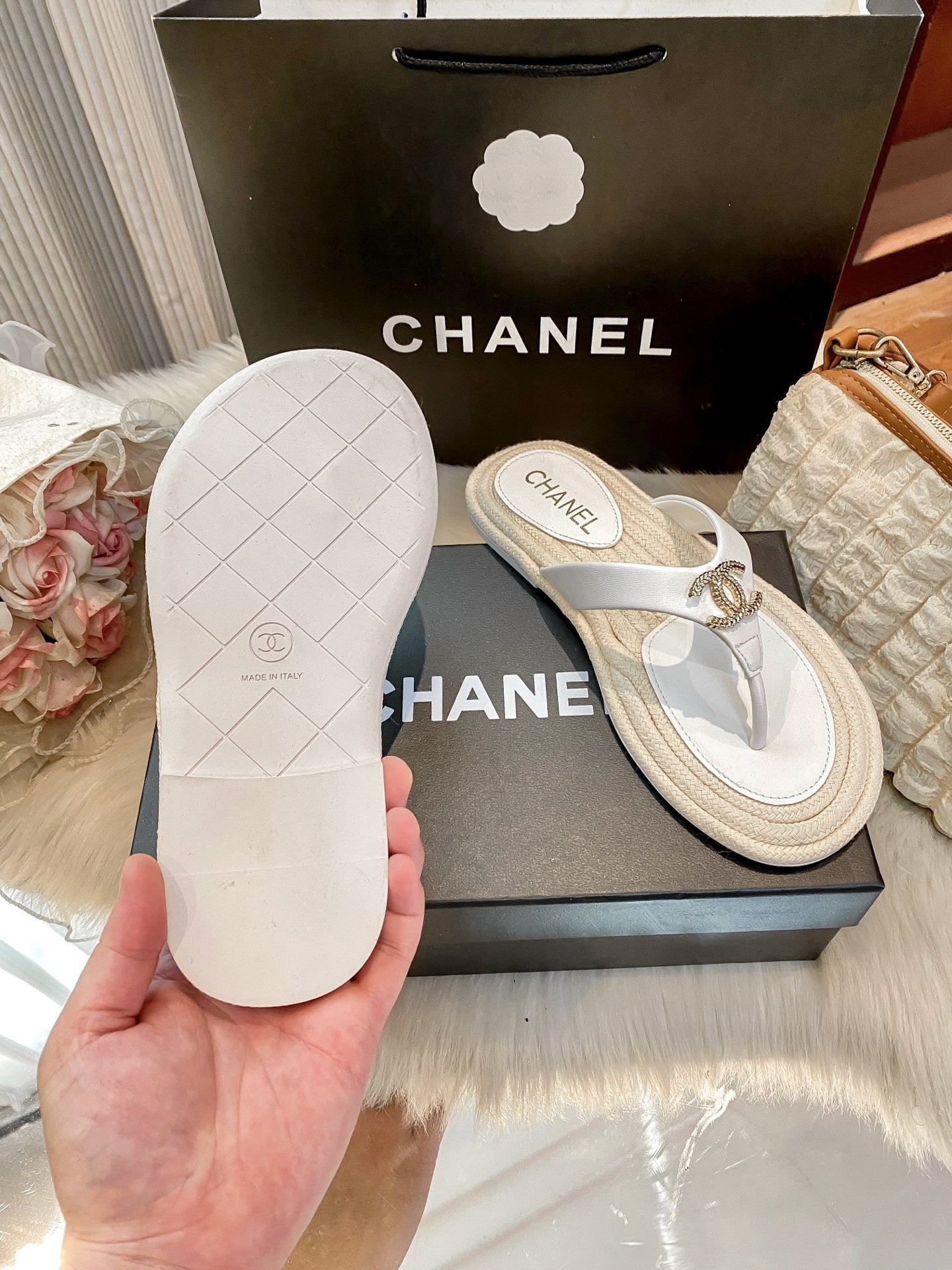 Chanel White Slides