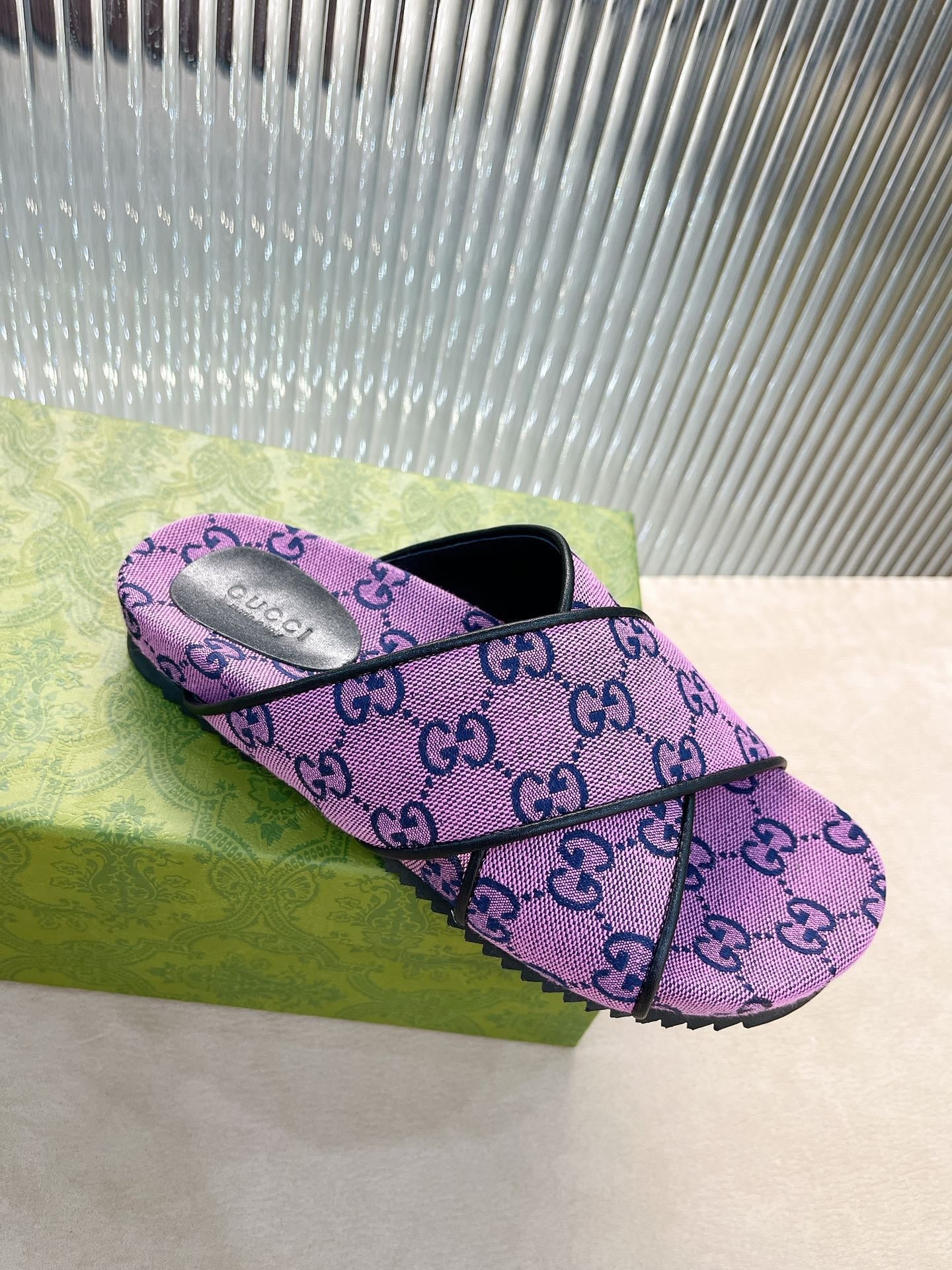 Gucci Green Canvas & Leather Double G Slides