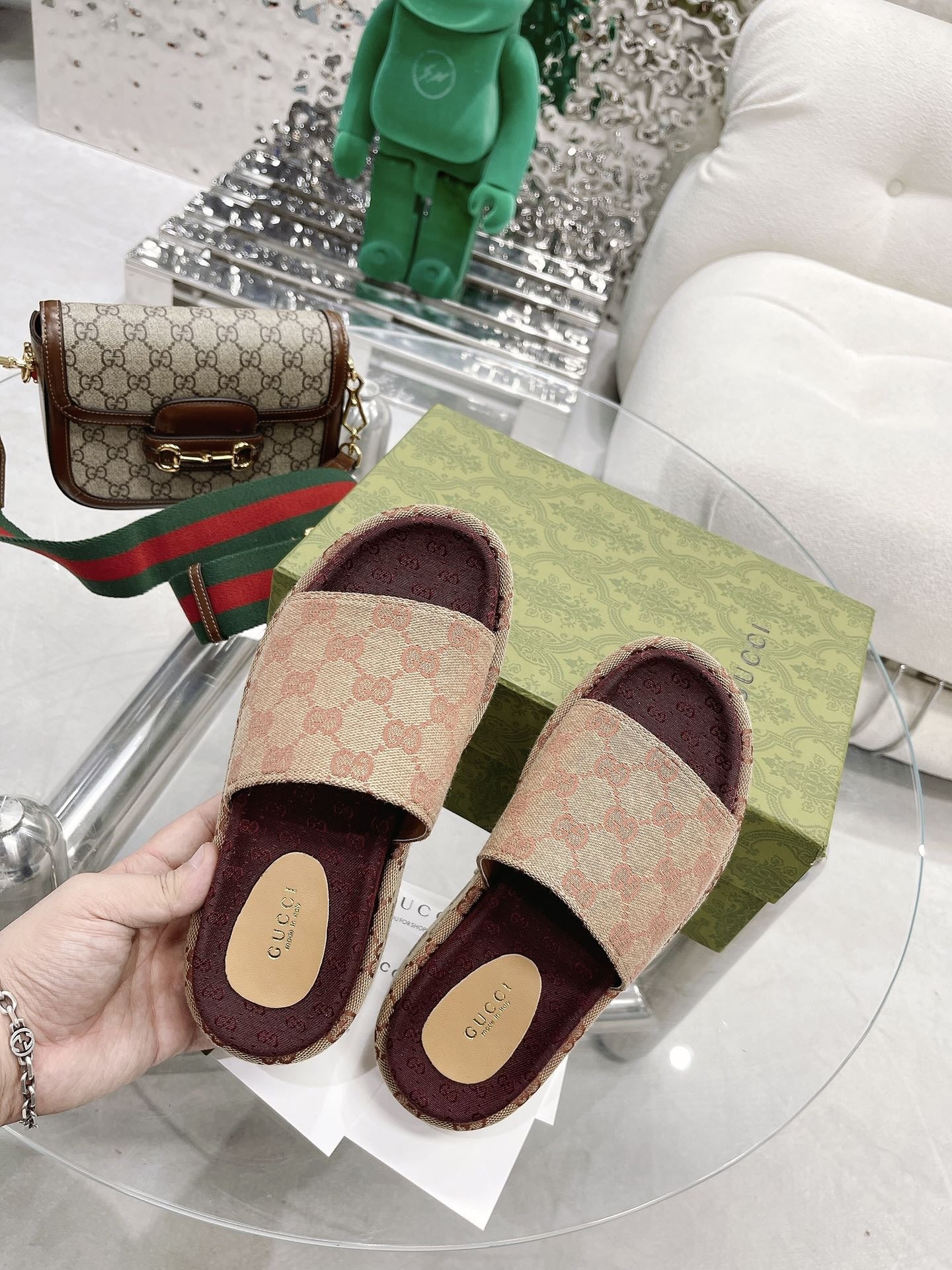 Gucci Green Canvas & Leather Double G Slides