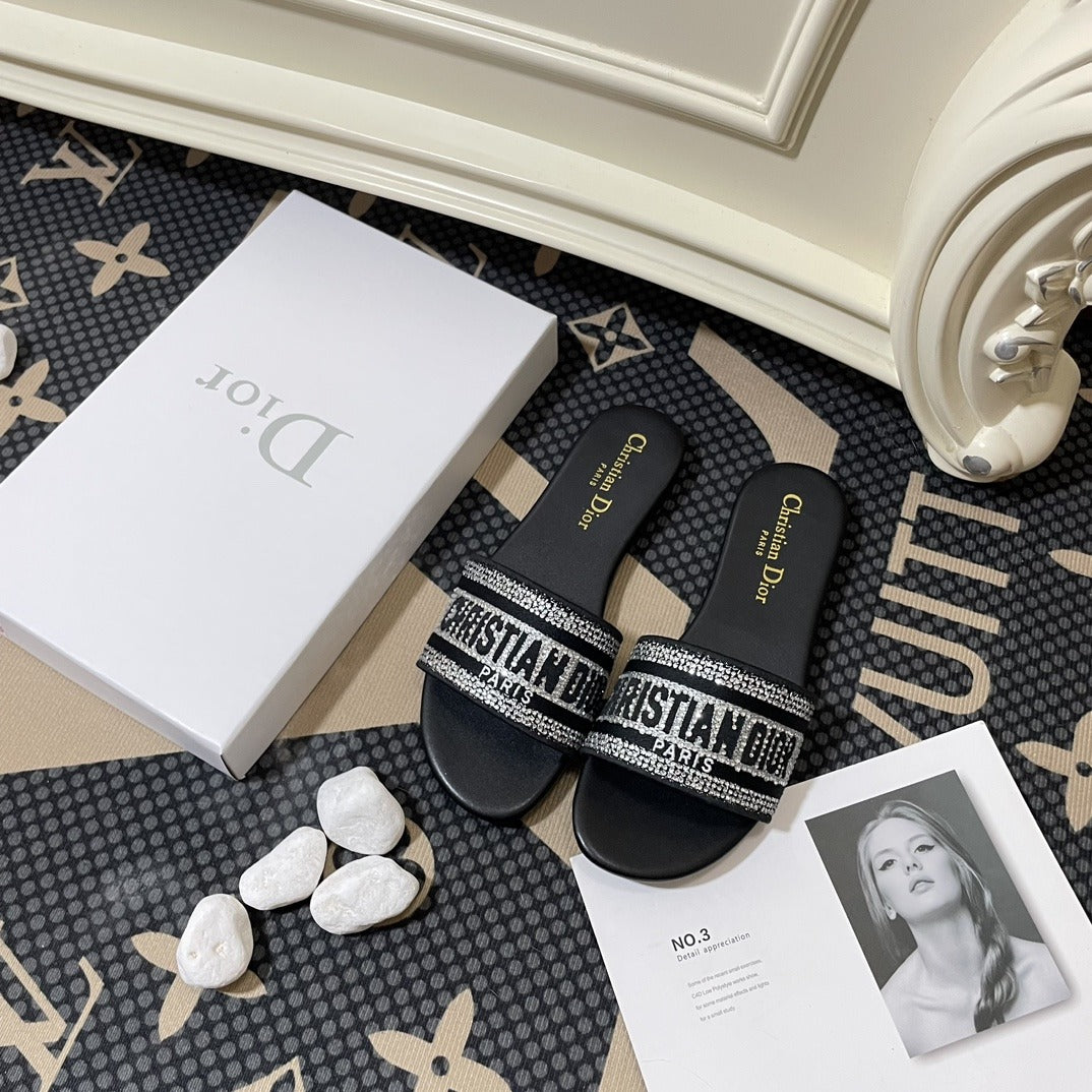 Dior Lambskin Leather Embroidered Slides