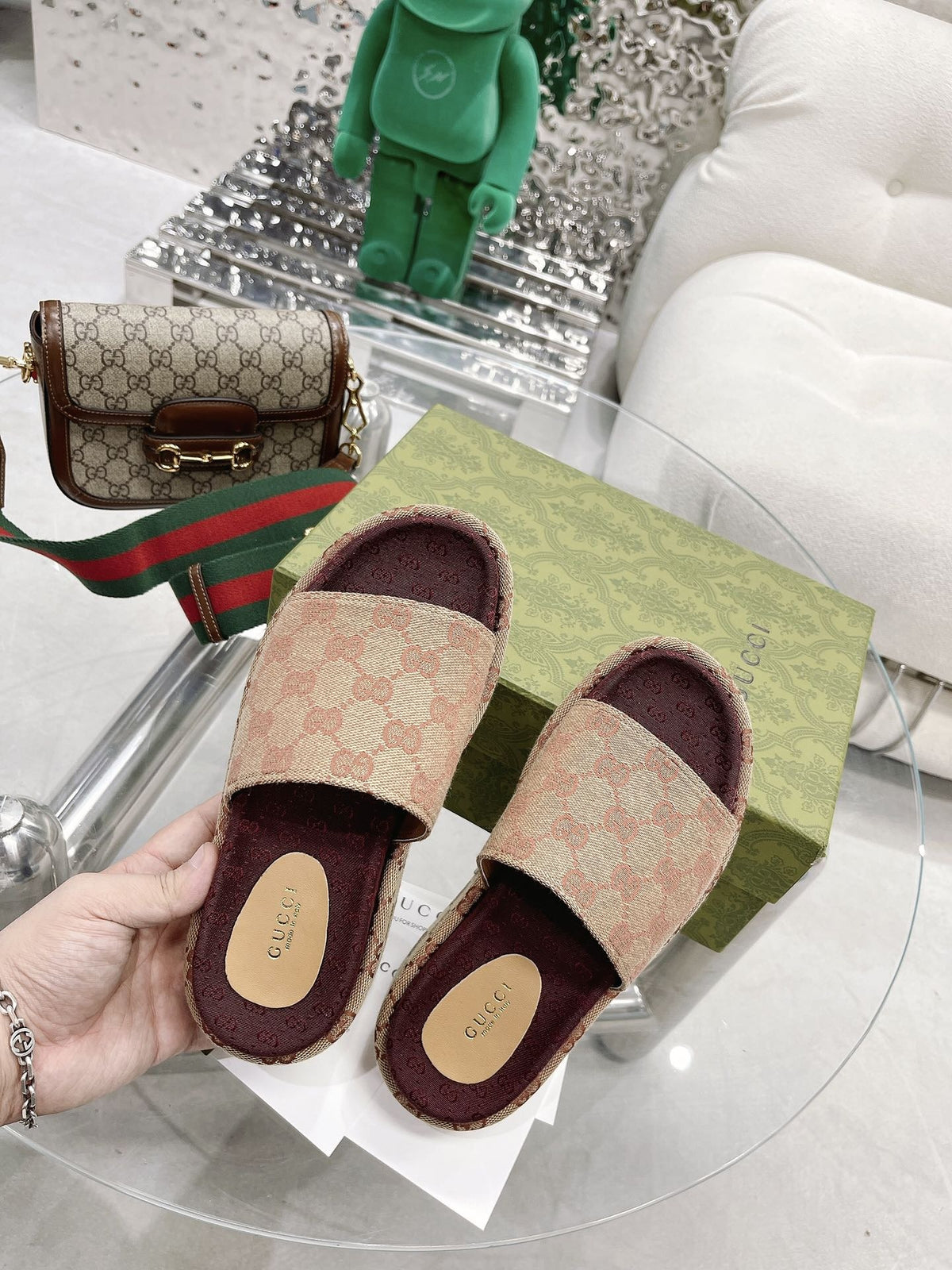 Gucci Green Canvas & Leather Double G Slides
