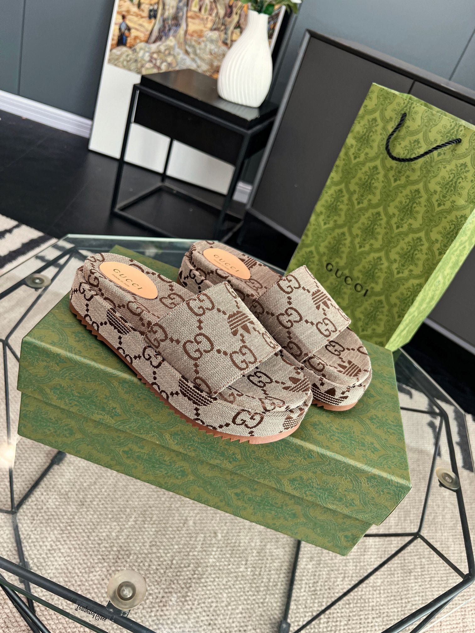 Gucci Green Canvas & Leather Double G Slides
