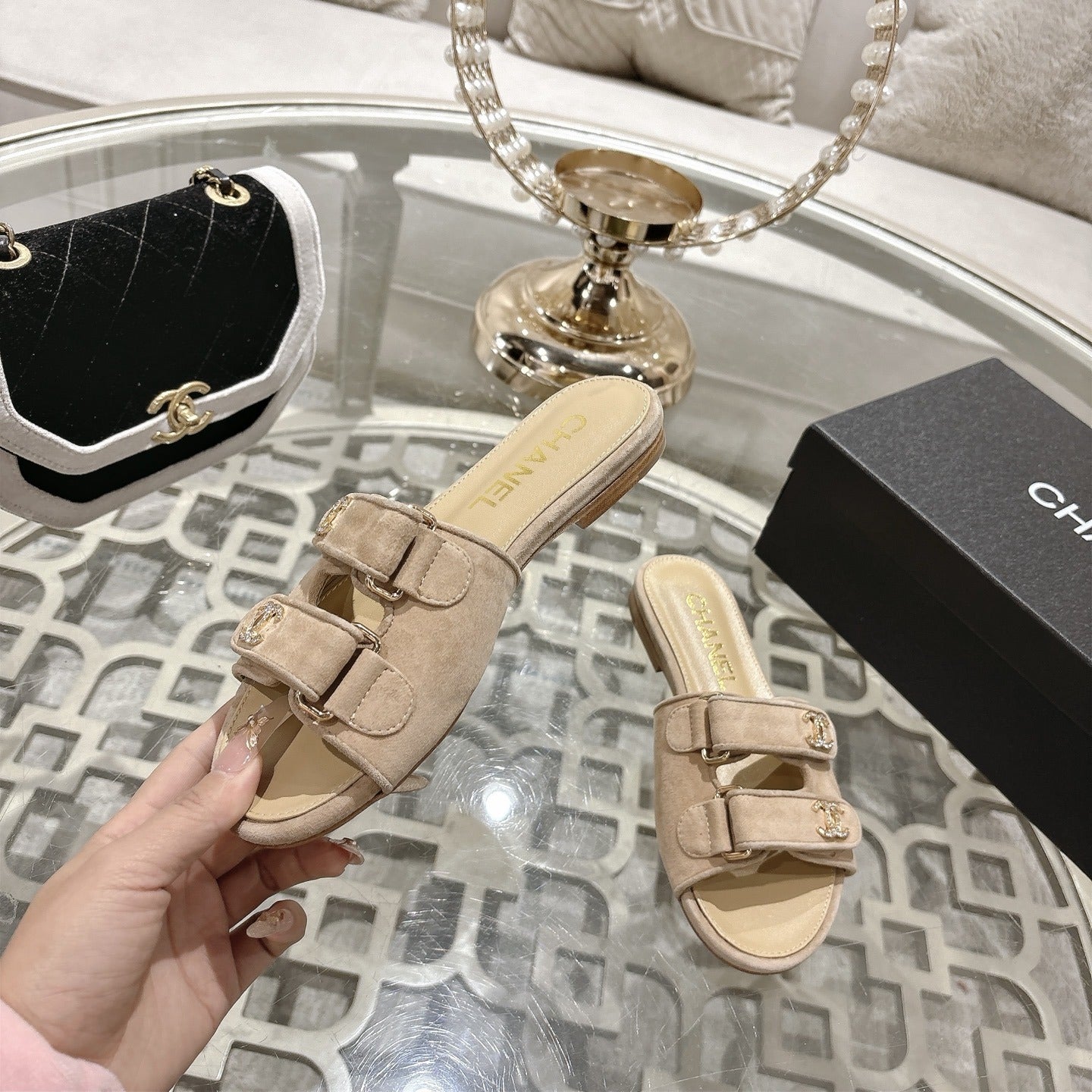 Chanel Lambskin Leather Crystal Slides