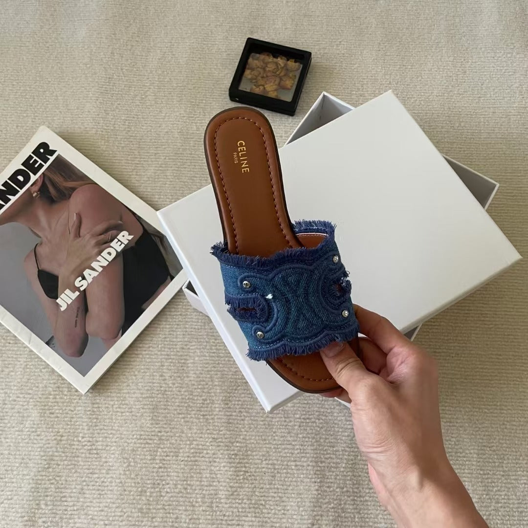 Celine Denim & Leather Tassel Slides