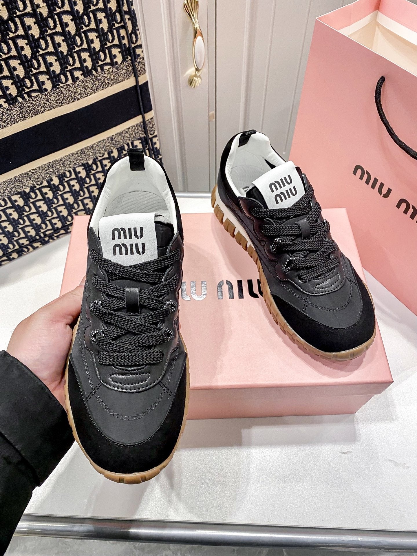 Miu Miu Black Canvas & Leather Vintage-Finish Sneakers