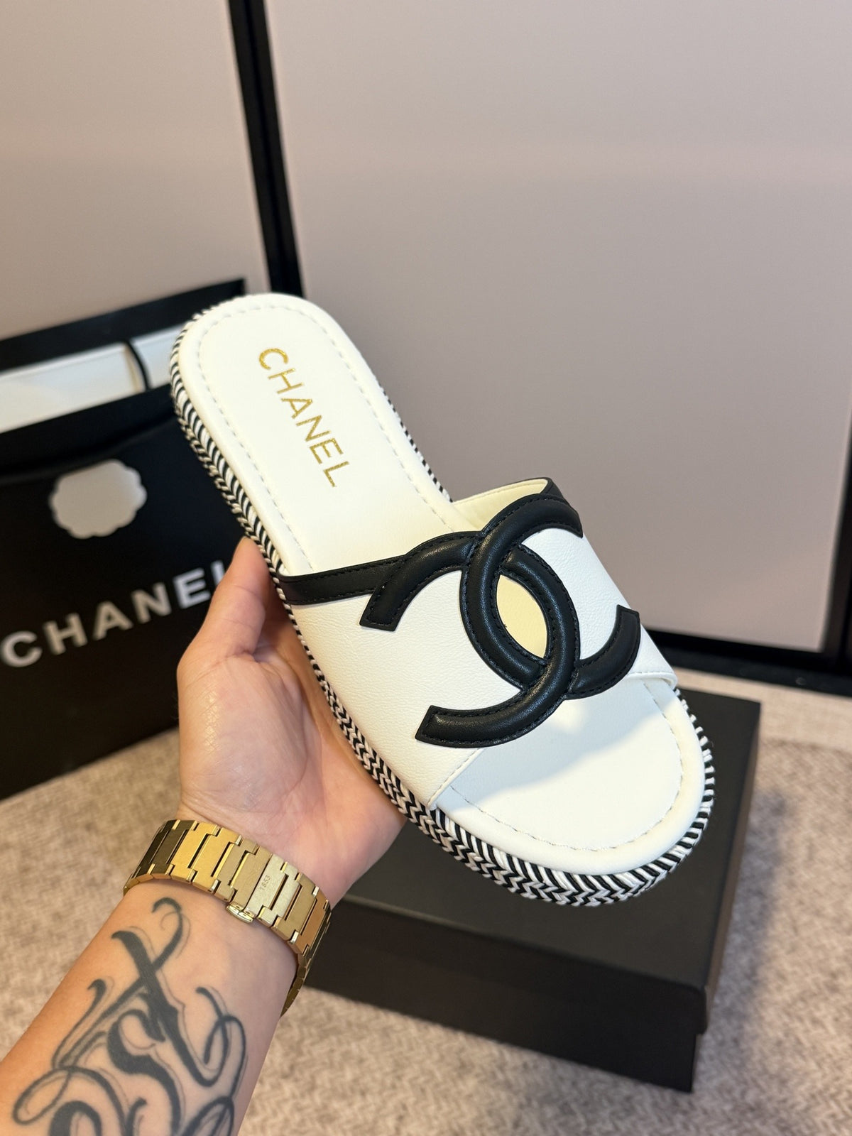 Chanel Lambskin Leather Logo Slides