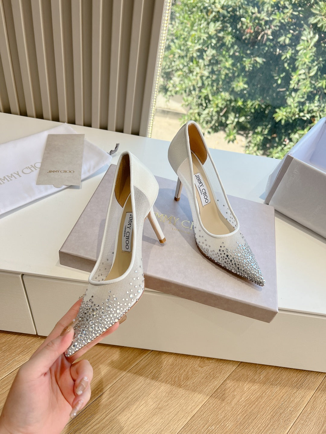 Jimmy Choo Lambskin Leather Crystal Heels
