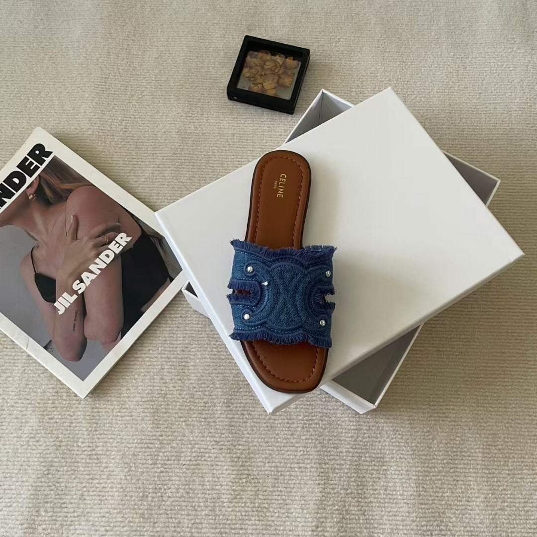 Celine Denim & Leather Tassel Slides