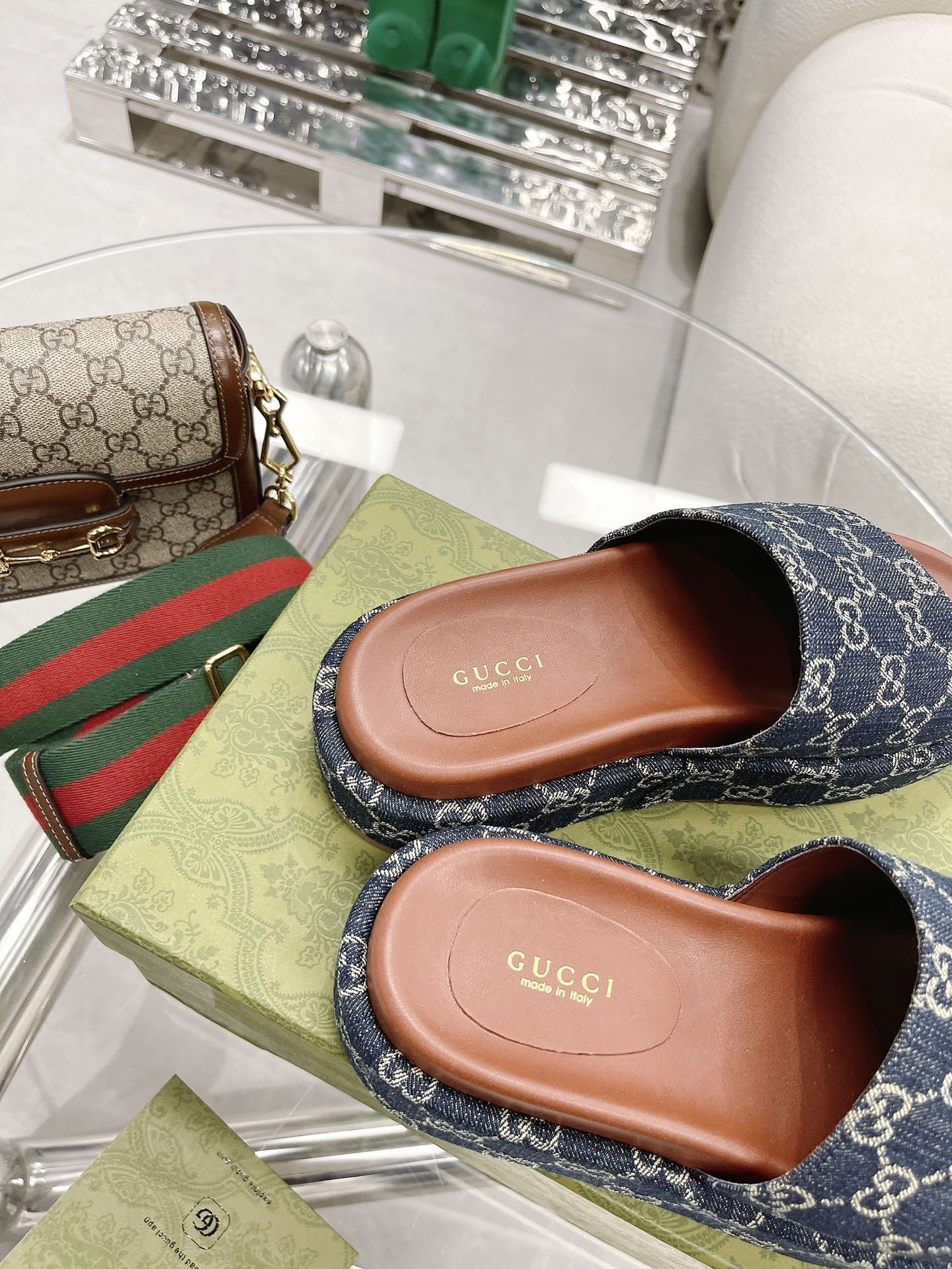 Gucci Green Canvas & Leather Double G Slides