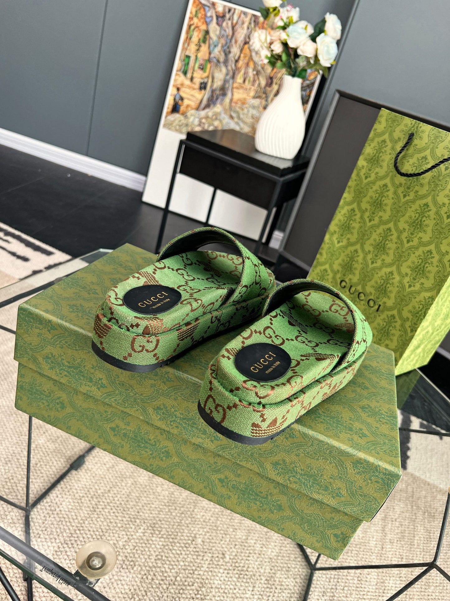 Gucci Green Canvas & Leather Double G Slides