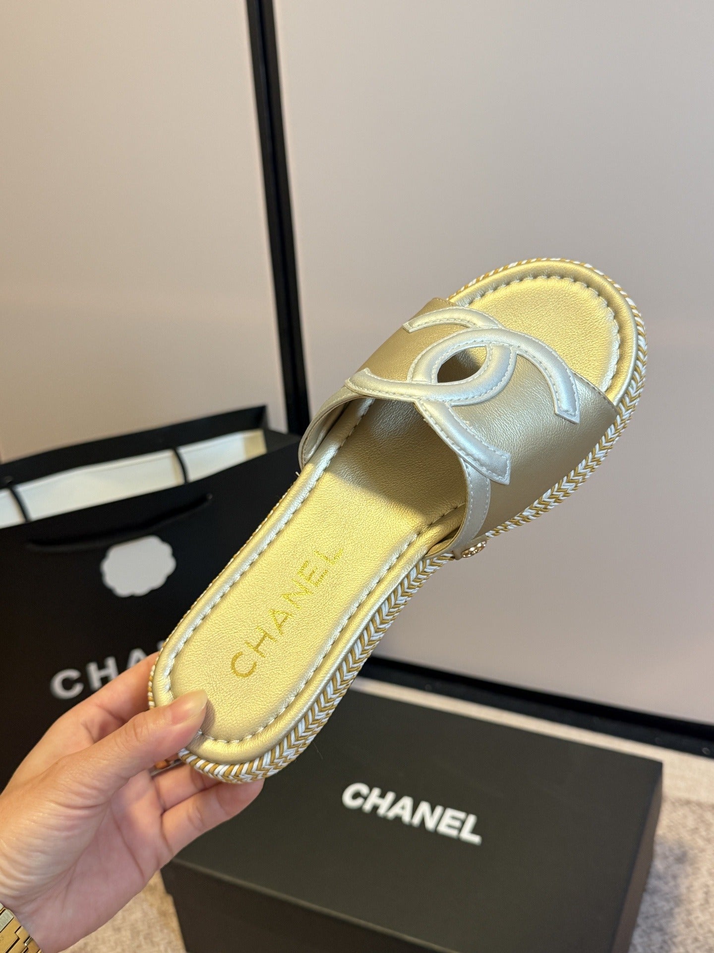 Chanel Lambskin Leather Logo Slides