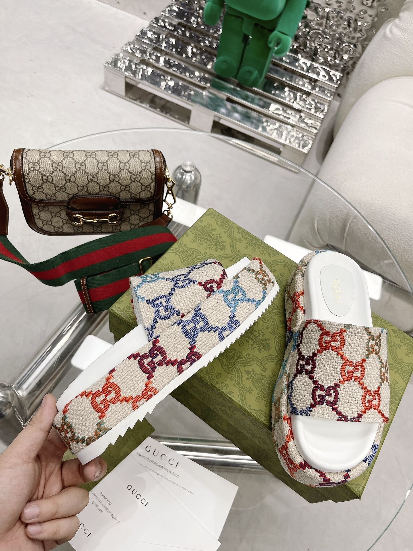 Gucci Green Canvas & Leather Double G Slides