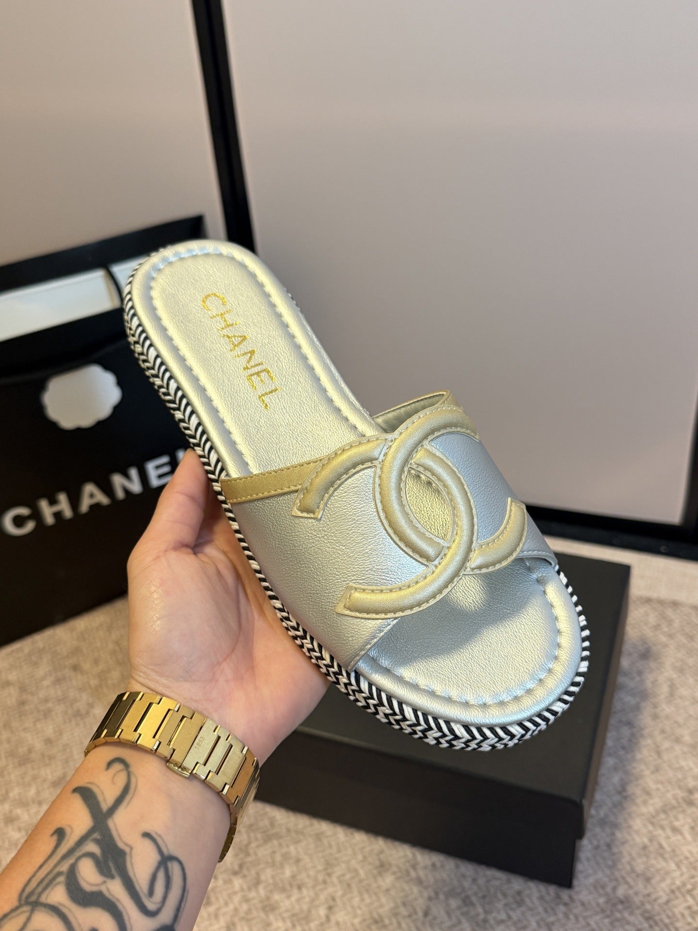 Chanel Lambskin Leather Logo Slides