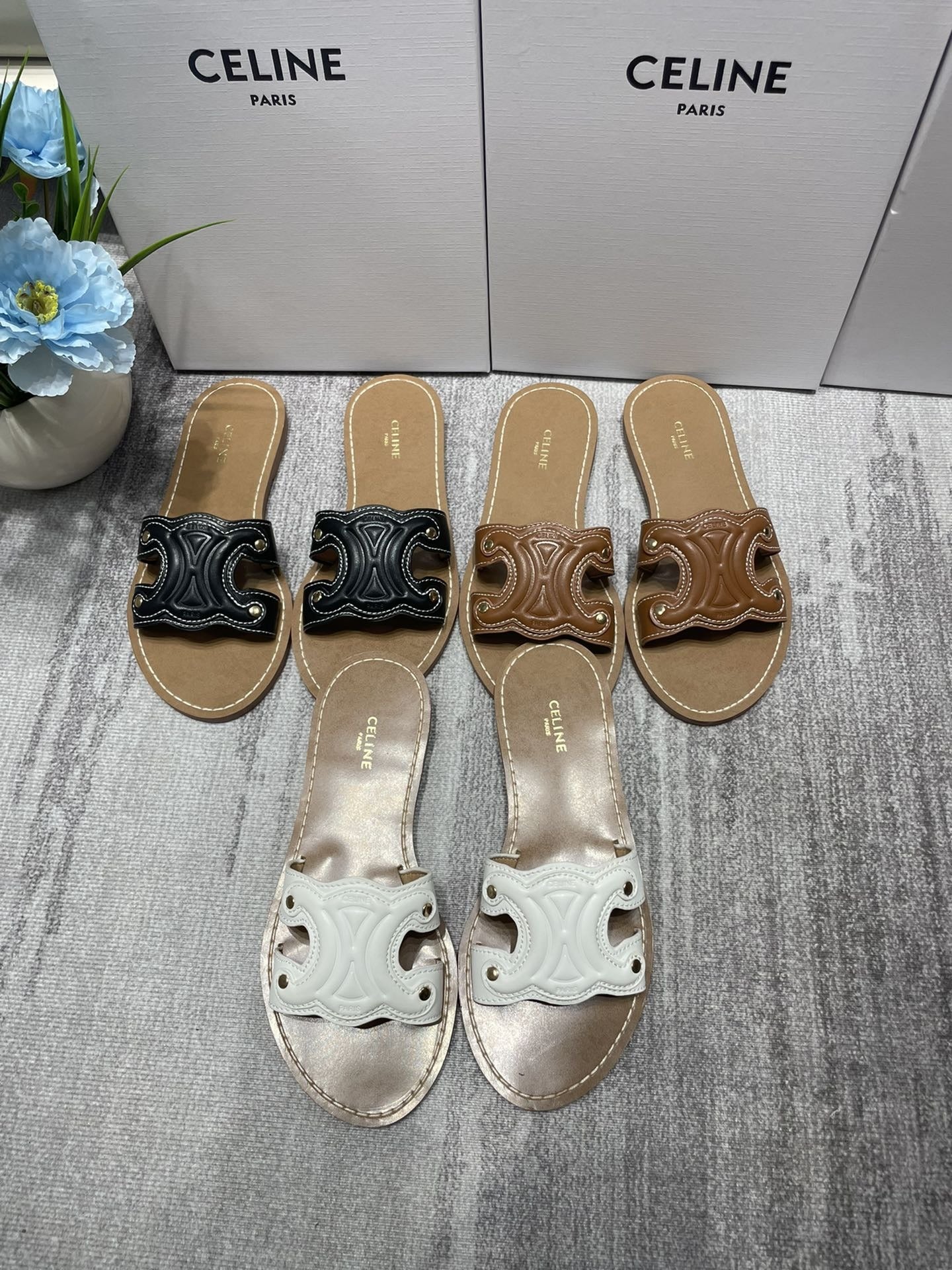 Celine Denim & Leather Tassel Slides