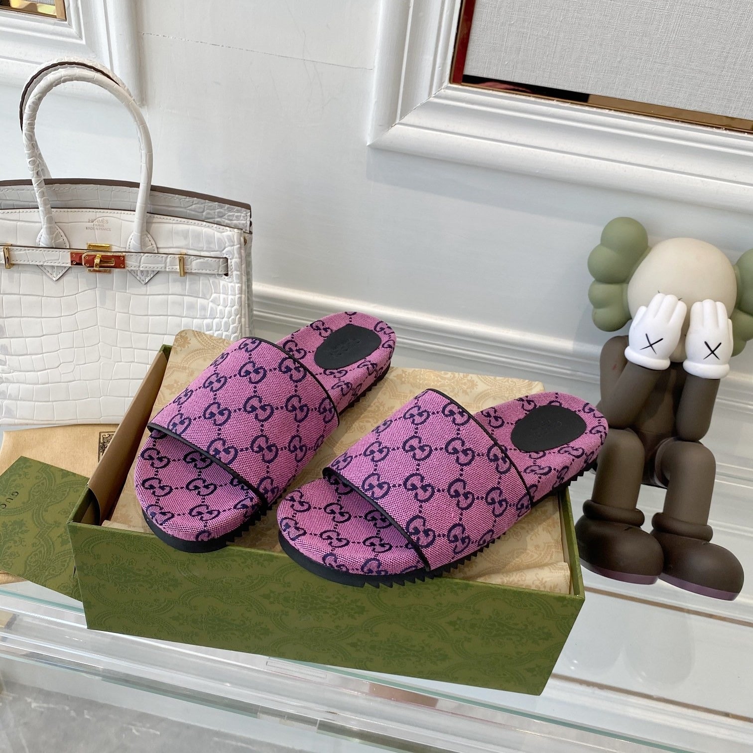Gucci Green Canvas & Leather Double G Slides